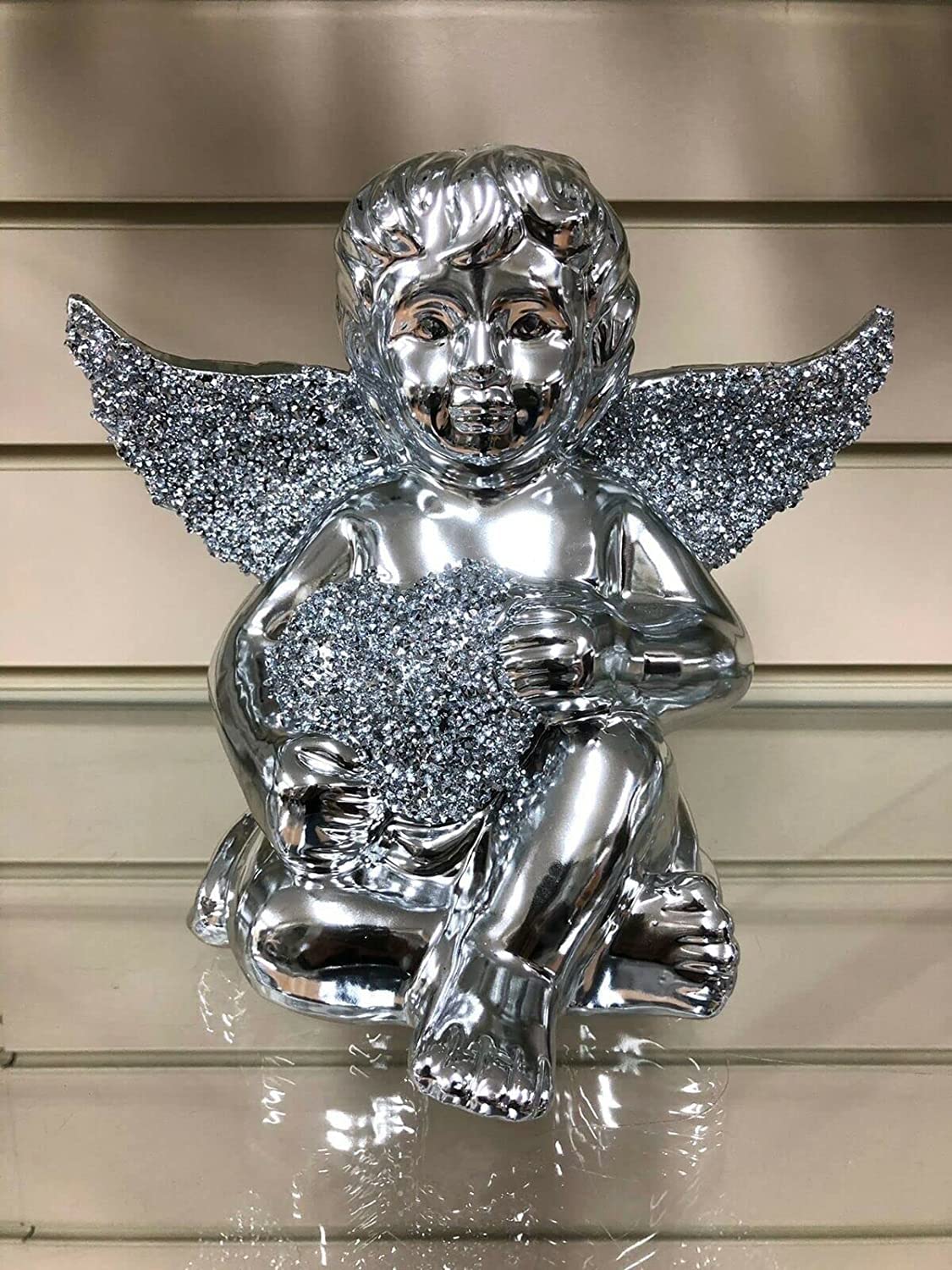 DEENZ Crushed Diamond Angel Wings Boy Crystal Silver Sparkle Bling Ornament Shelves
