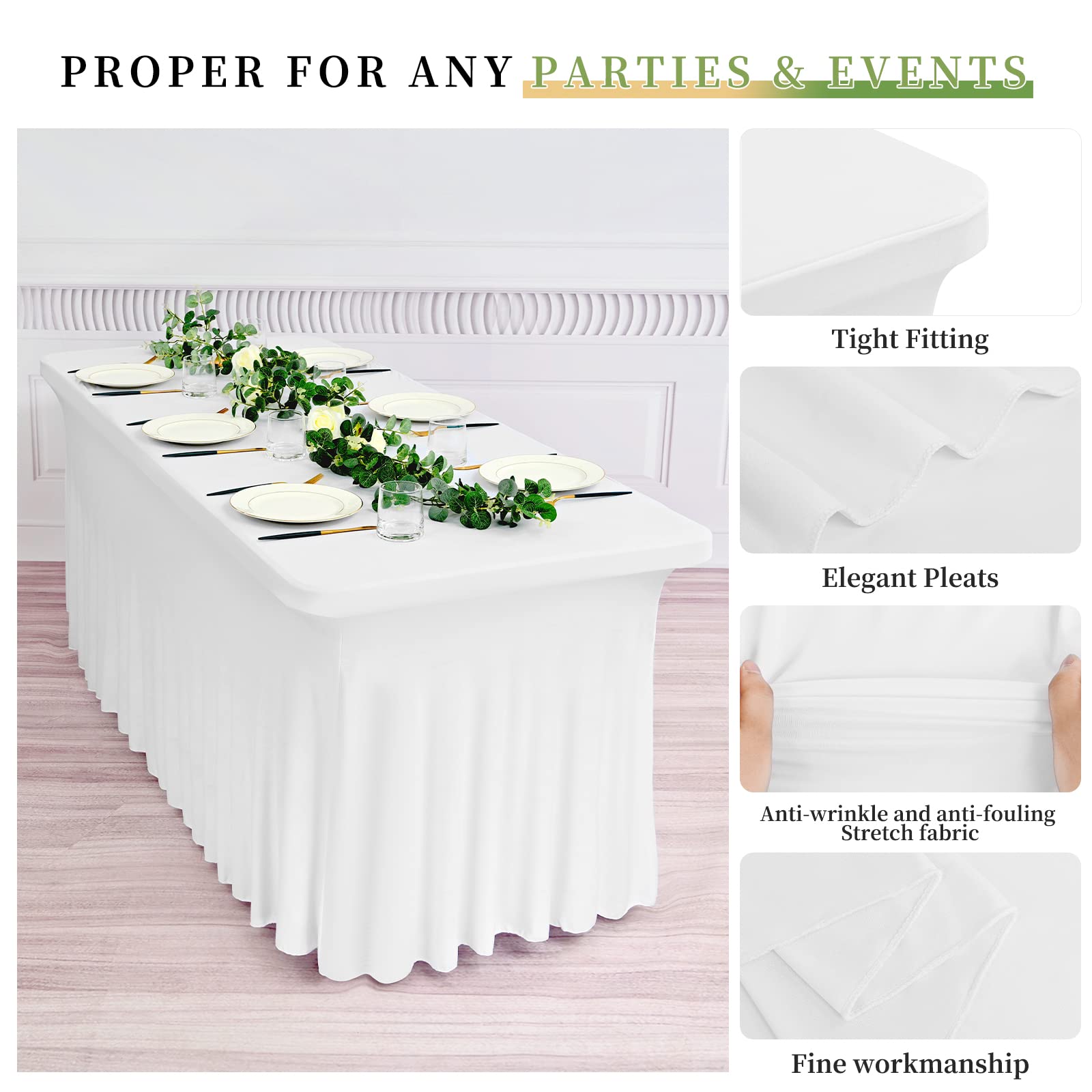 Pack de 4 Faldas de Mesa Ajustadas de Elastano Blanco, Mantel con Falda Lavable Resistente a Arrugas para Mesas Rectangulares de 6 Pies, Cubremesa con Drapeados Ondulados para Bodas, Banquetes