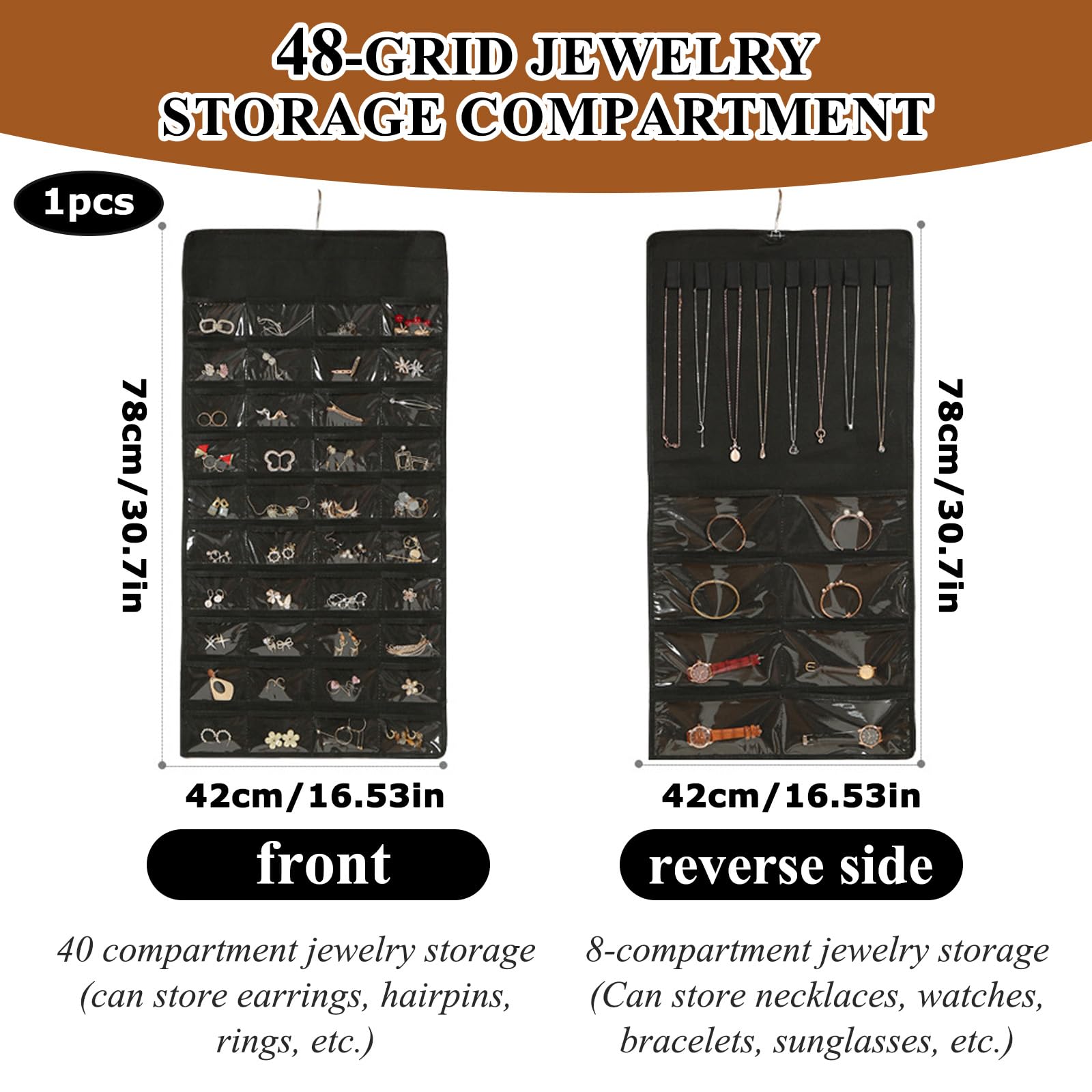 Organizer Gioielli Da Appendere Con 48 Tasche, Doppio Lato Porta Collane Da Appendere Con Tasche In Pvc Trasparente, Porta Gioielli Da Armadio Per Orecchini, Collane, Anelli, Bracciali