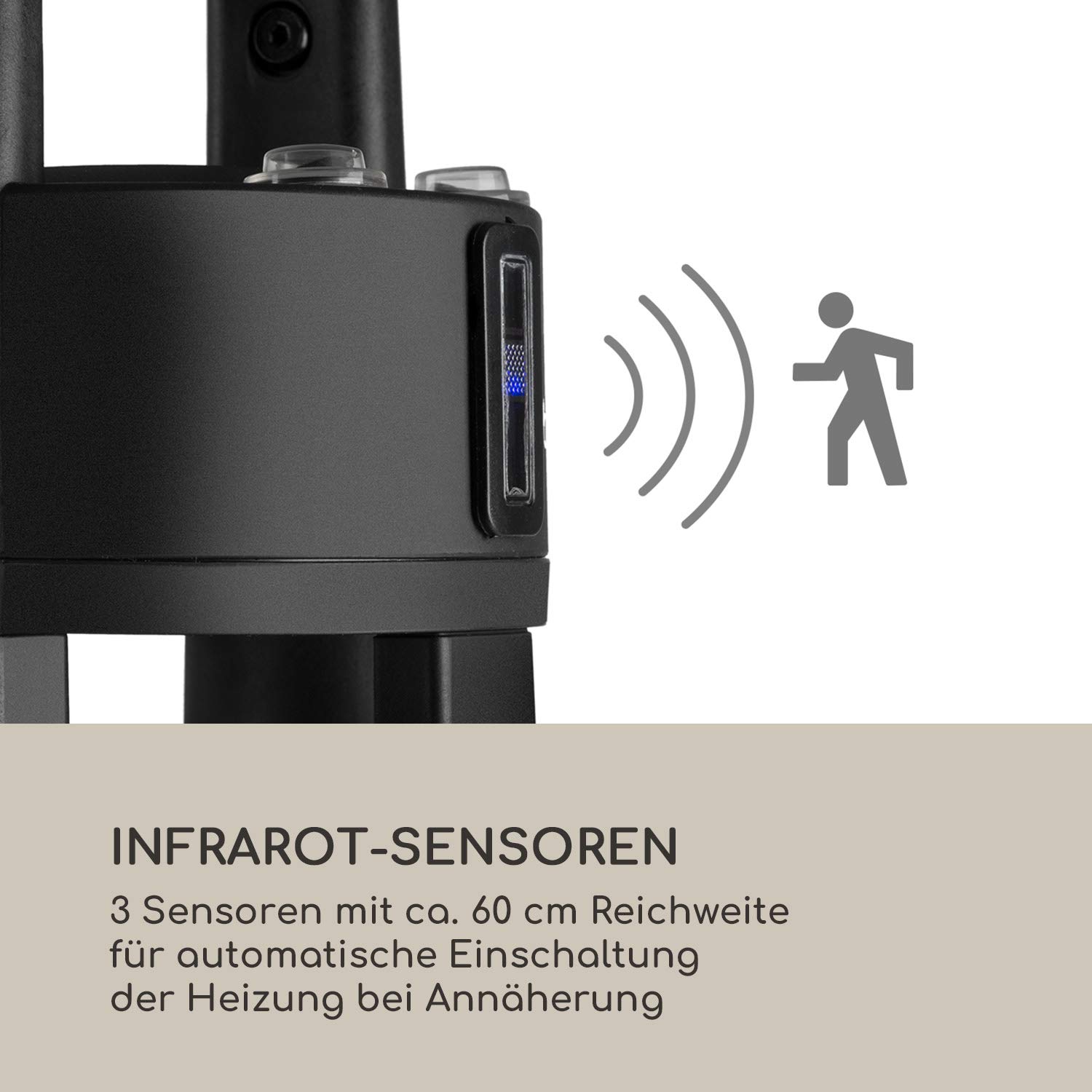 blumfeldt Primal Heat - Standheizstrahler, Stehtisch-IR-Heizer, Infrarotheizung, Stand Heizstrahler, Infrarotstrahler mit 1600 Watt, Infrarot-Annäherungssensoren, Höhe: 65 cm, Silber