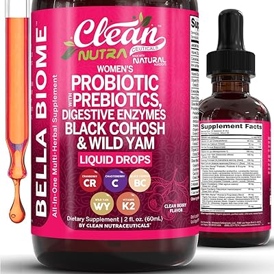 Liquid Probiotics for Women Drops with Chasteberry, Black Cohosh, Prebiotics, Digestive Enzymes, Evening Primrose Oil, Wild Yam, Cranberry Dmannose and Iron Vitamin D3 K2 Clean Nutra Bella Biotics