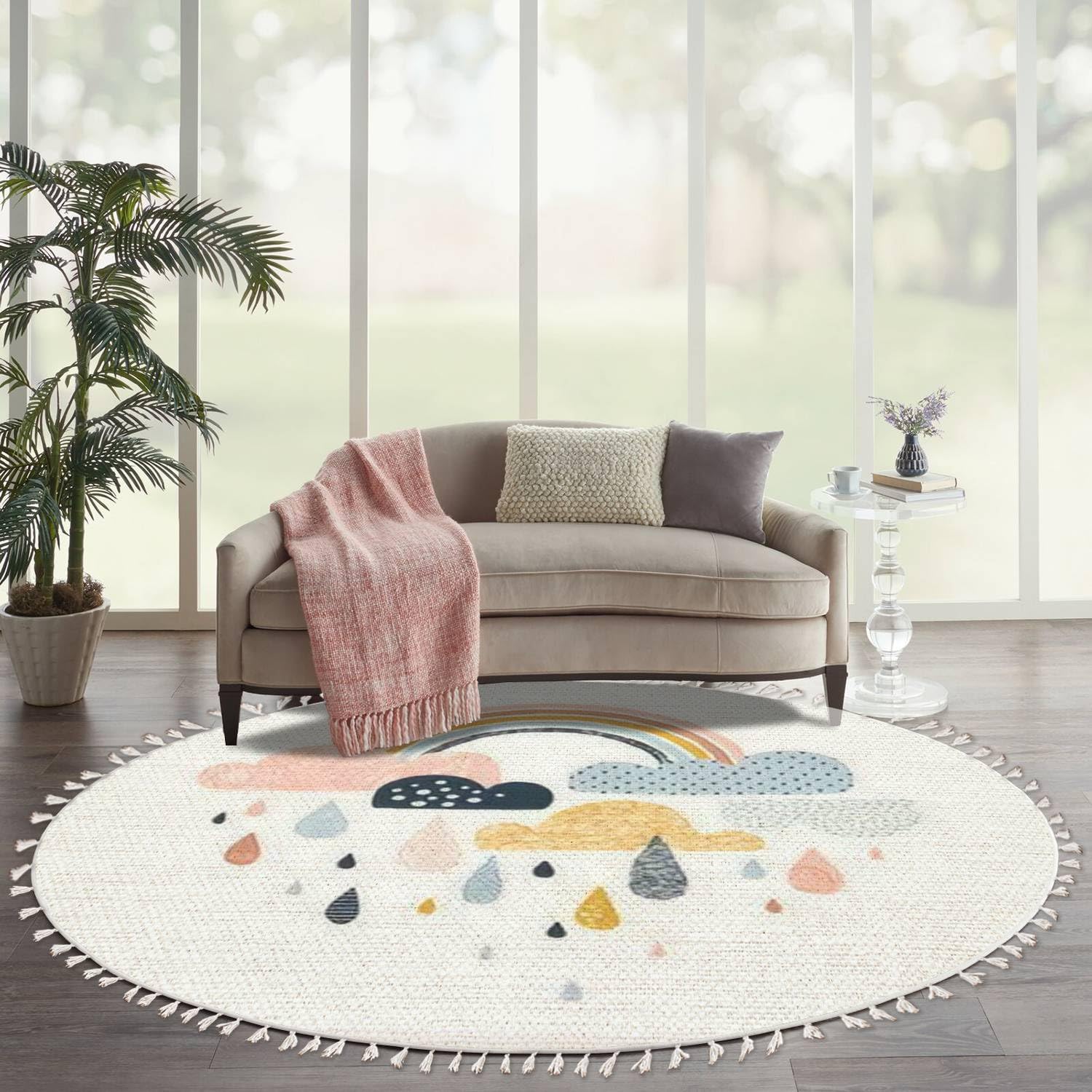 Round Boho Rug Sky with Clouds rain Drops and Rainbows Cute Doodle Decorative Area Rug Linen Rug Carpet Patio Rug Hallway Runner Rug Mat Pad