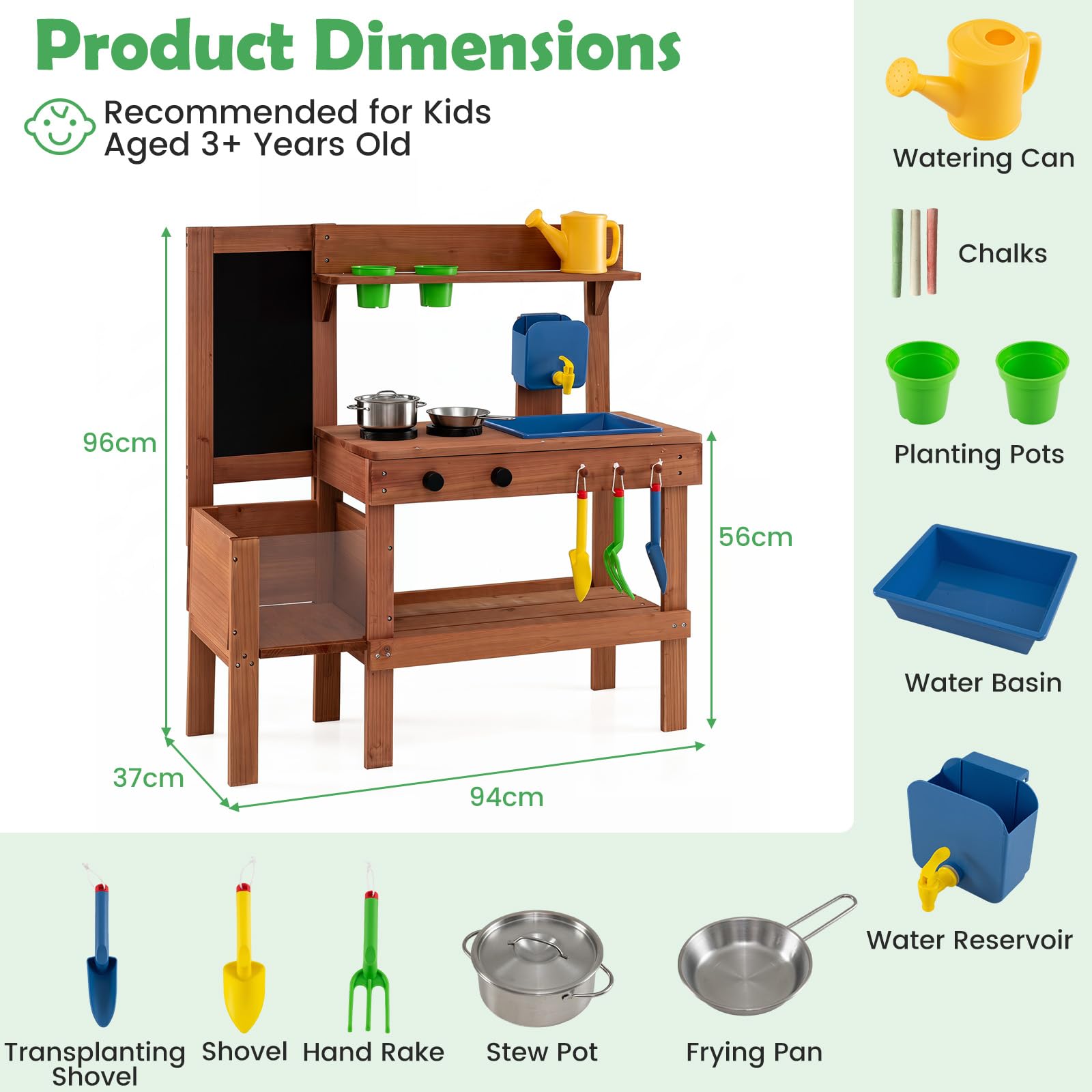 HOMASIS Cucina Giocattolo per Bambini, Cucina da Fango da Esterno con Fioriera, Lavagna, Lavello, Rubinetto Funzionante e 13 Accessori, Cucinetta Giocattolo in Legno per Bambini Chef 3+ Anni