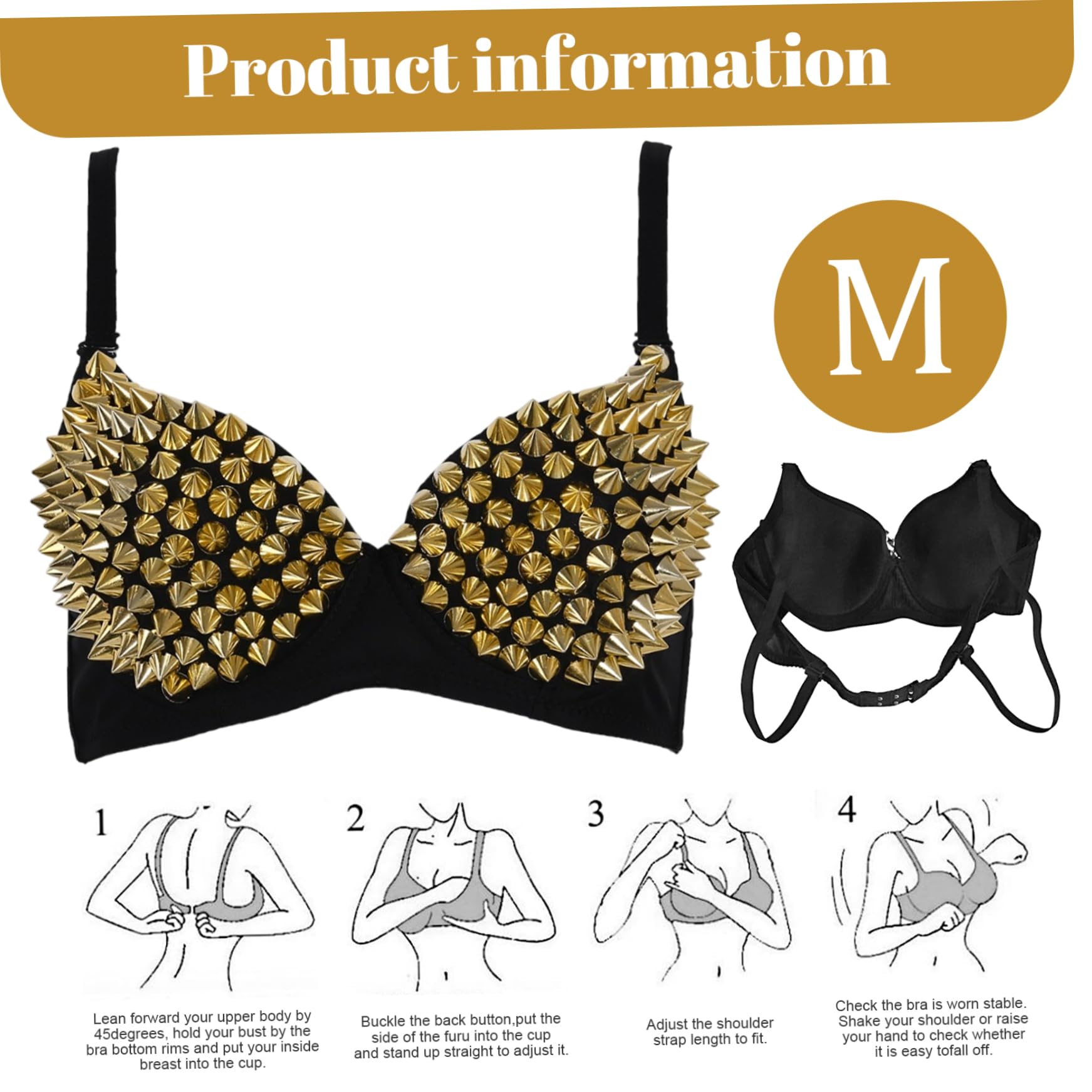 Nieten-BH Punk-Tanz-Performance Gold-Metallic-Nieten Spike-BH mit verstellbarem Riemen für Clubpartys Tanzbekleidung