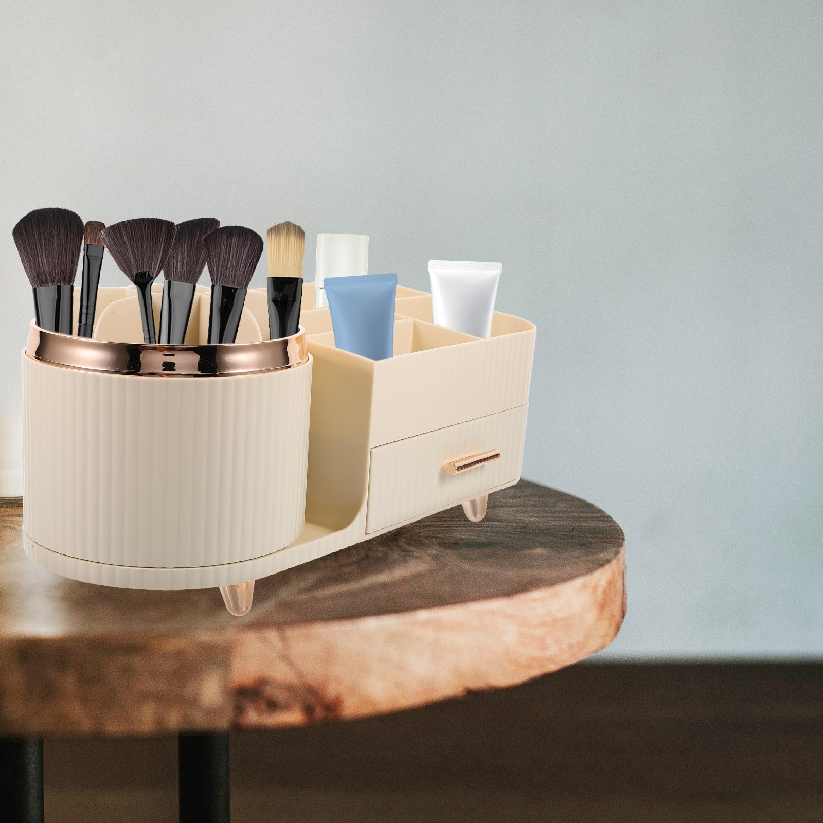 Soporte giratorio para brochas de maquillaje, organizador de maquillaje con compartimentos y práctico cajón, plástico beige, diseño elegante y elegante para almacenamiento de encimera de