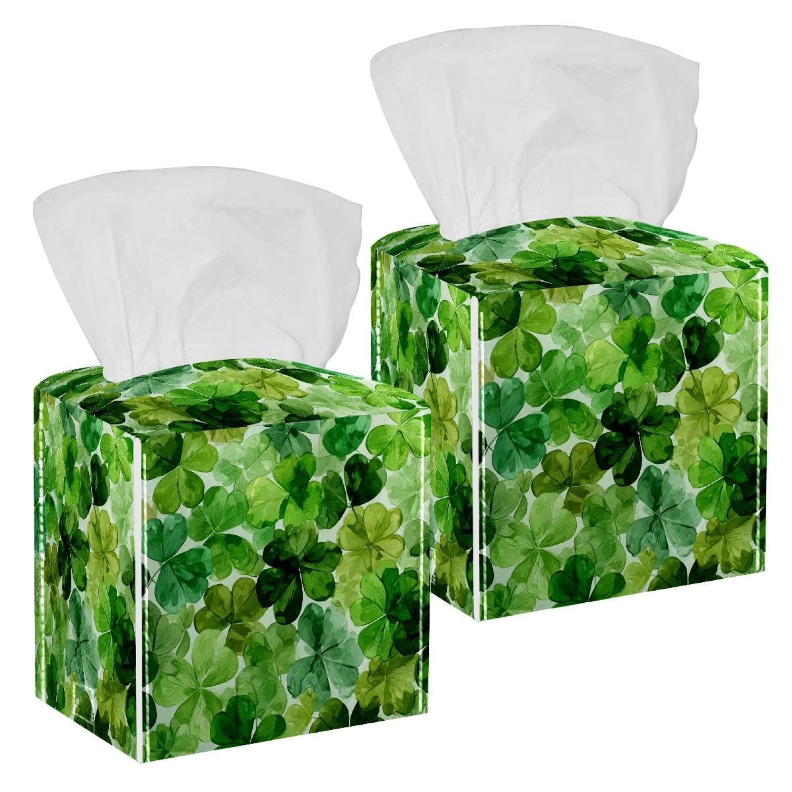 Clover Tissue Box Cover, 2 Pack PU Leather Square Facial Tissue Dispenser Box holder for Home Office Car