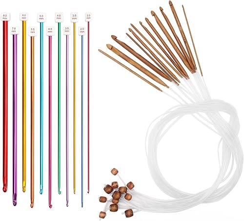 AHIER - Juego de 23 ganchos de ganchillo tunecinos, 12 ganchos de ganchillo de bambú de 0.118-0.394 in y 11 agujas de tejer de aluminio afgano