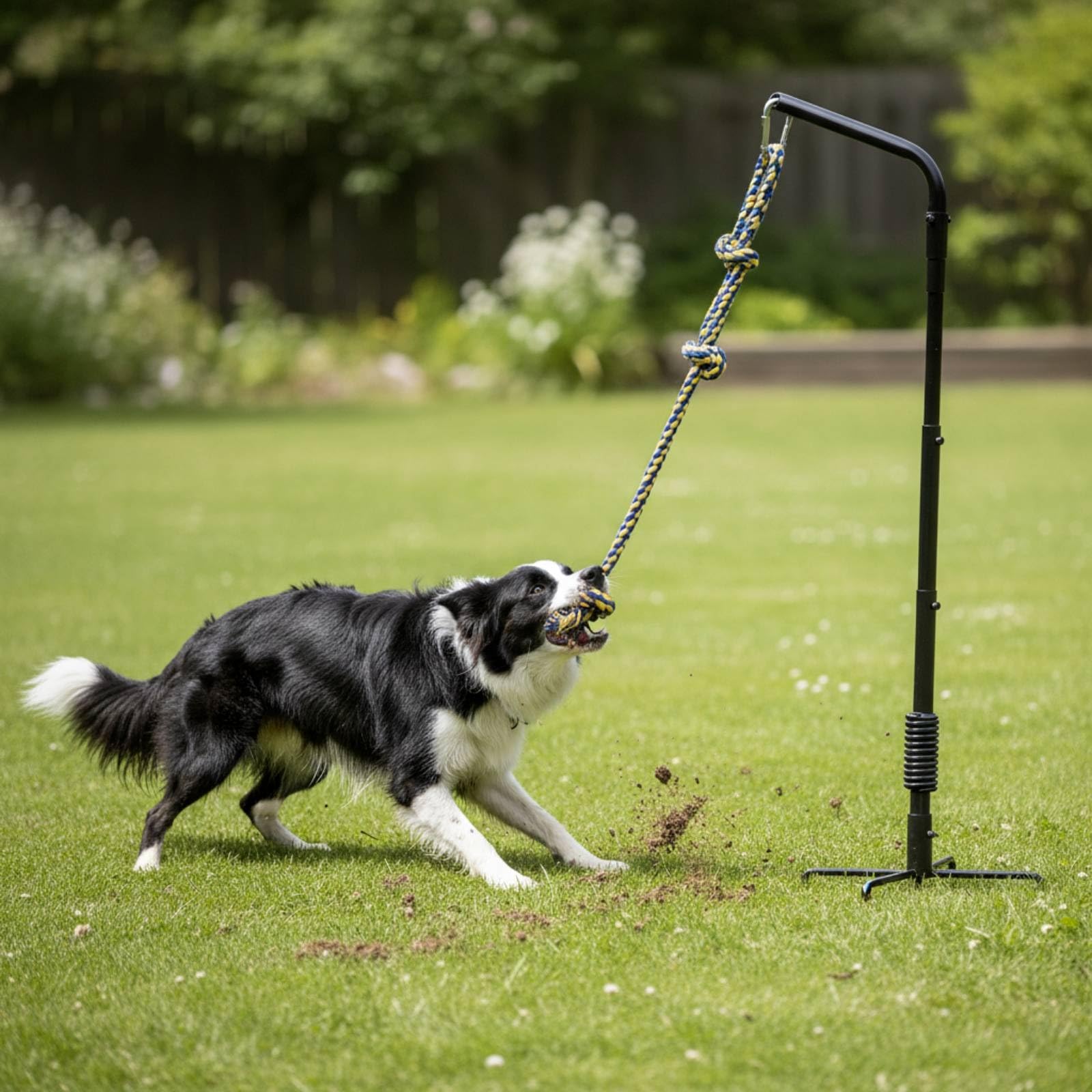 rockible Outdoor Tugging Rope Gioco Interattivo Cane Corda da Trazione Inseguimento con Struttura in Metallo Base a Croce Molla a Spirale Ammortizza Strappi Adatto Giardino Esercizi Quotidiani
