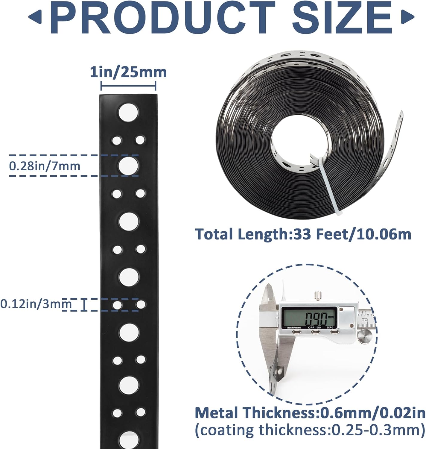 2Pack Metal Strap 1-Inch x 33FT 0.6mm Thickness for Pipe Support Pipe Hanger Strap Metal Strapping with Holes Black