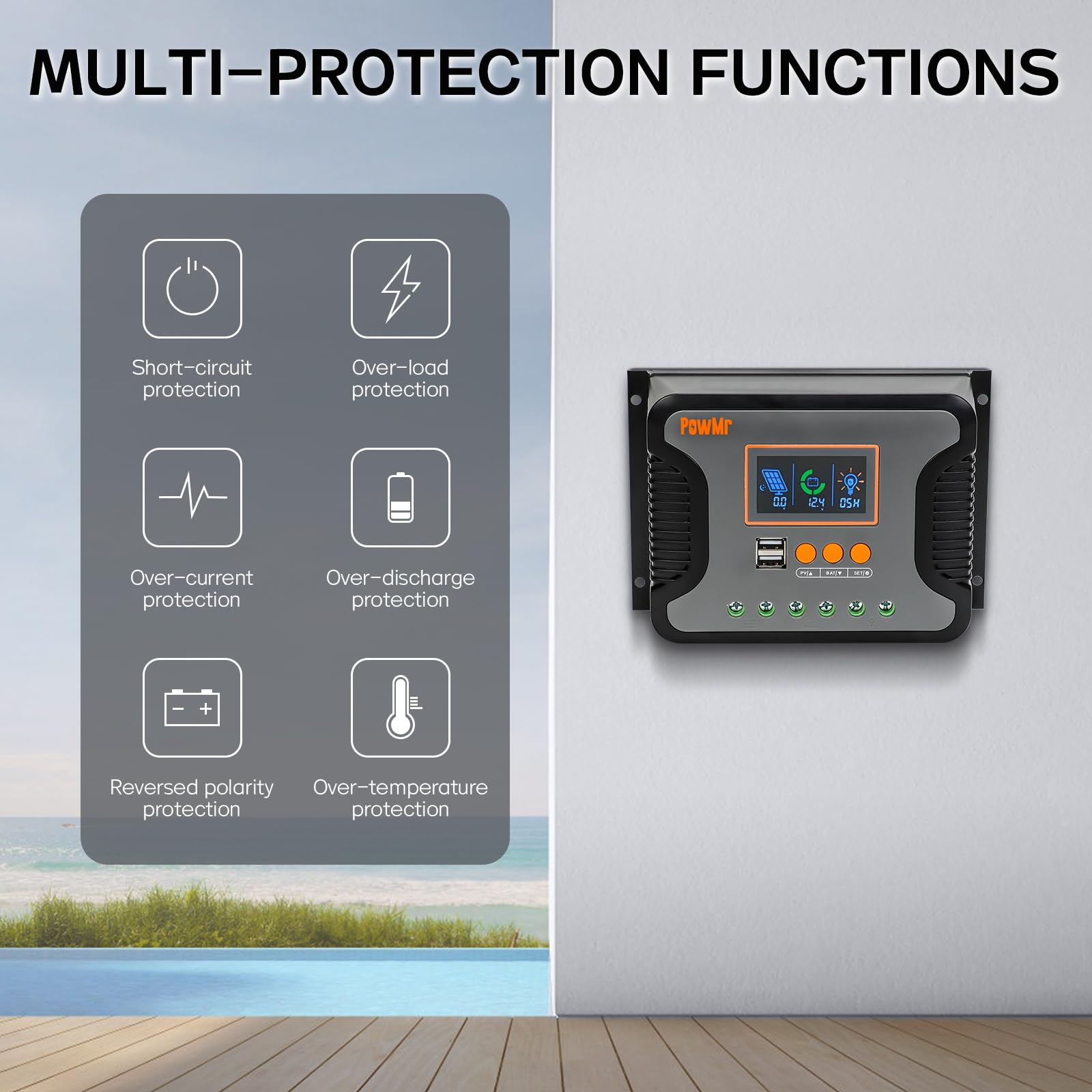 PowMr Controlador de carga solar PWM de 30 A, 12 V, 24 V, 36 V, 48 V automático, pantalla LCD y salida USB dual, apto para AGM, gel, FLD, batería de plomo y litio. Versión actualizada