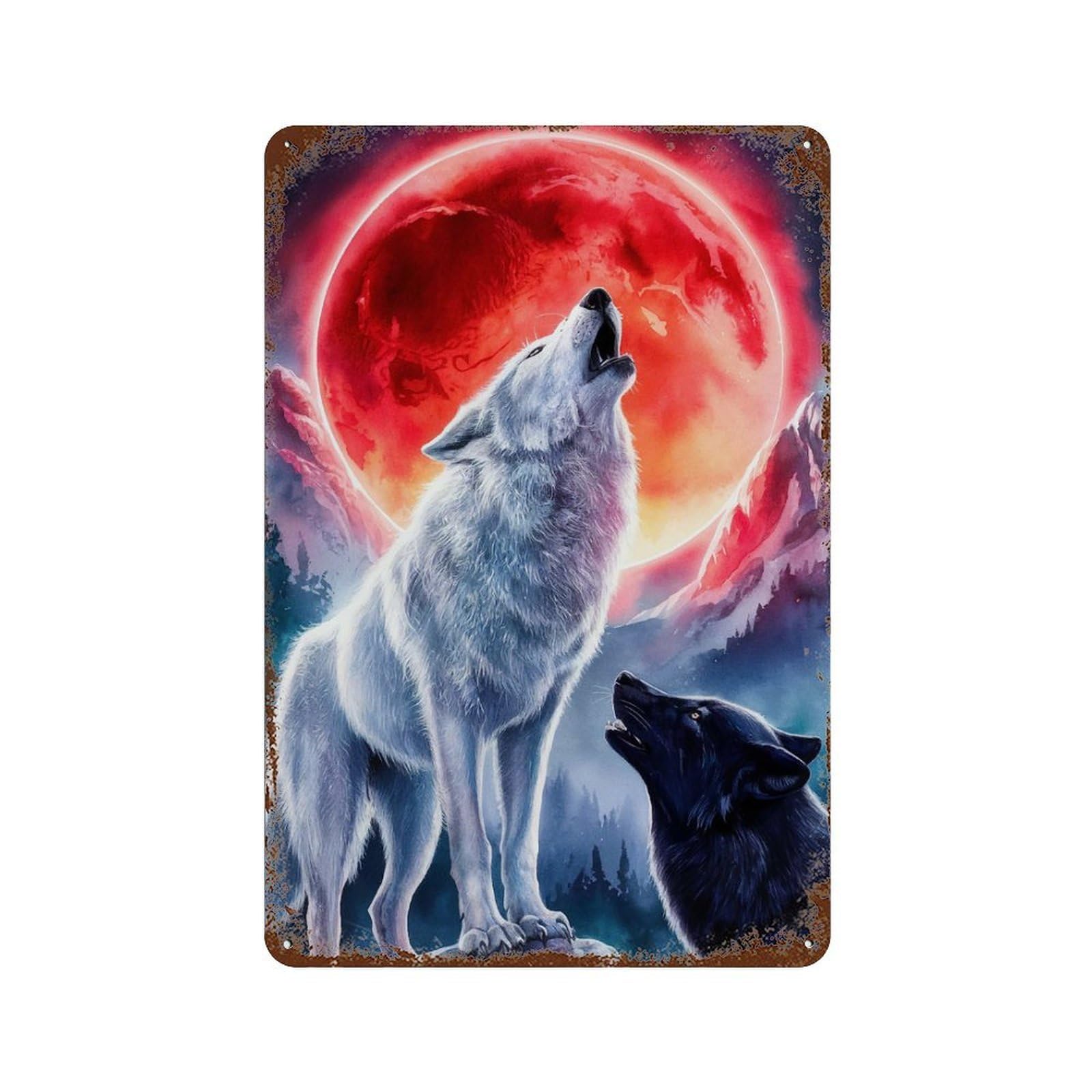 Decorative Tin Sign with Wolf Howling Design 11.8"x7.9", for Farmhouse, Kitchen And Entryway Decor, Old School Wall Decor