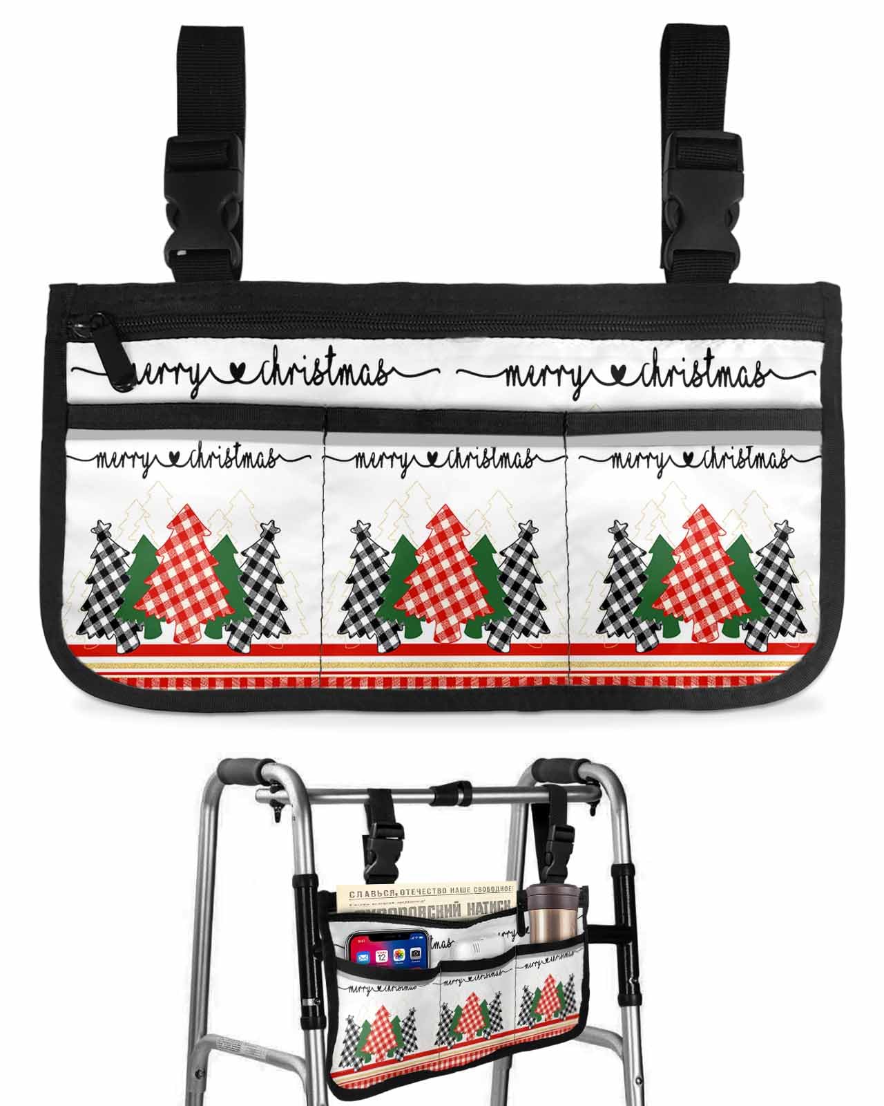 Anzona Merry Christmas Wheelchair Side Bag Walker Bag, Rustic Xmas Trees Red Plaid Wheelchair Accessories Armrest Pouch, Organizer Storage Bag for Walkers, Rollators, Scooters, 7.3''x13''