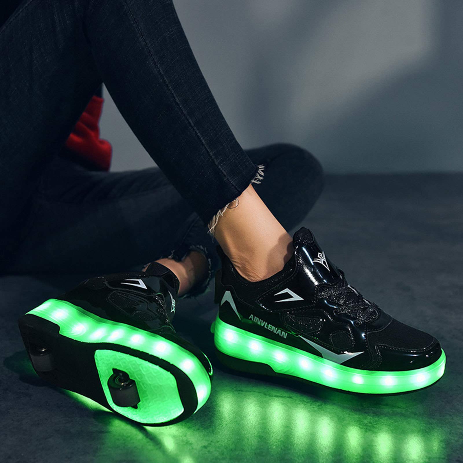 RDJSHOP Niños Niñas Zapatos de Patinaje sobre Ruedas Double Wheels Zapatos Intermitentes LED de Carga USB Zapatillas de Patinaje sobre Ruedas en Línea Calzado Técnico de Skate,Black-4.5UK/37EU