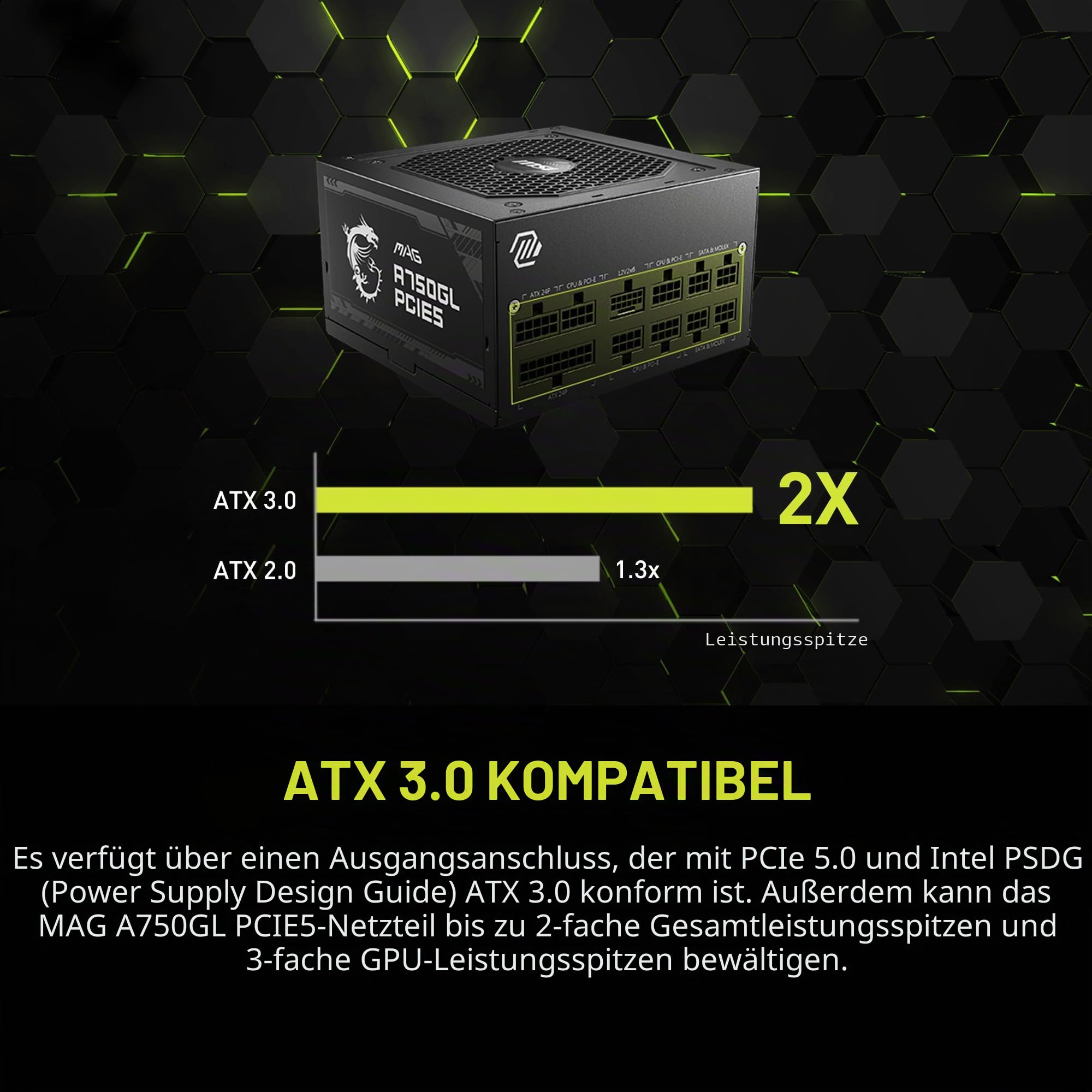 MSI MAG 750W Netzteil 80 Plus Gold – Natives 16-poliges Steckerdesign – vollständiges modulares Design – 7 Jahre Garantie – industrieller Schutz mit OVP, OCP, OPP, OTP, SCP, UVP [MAG A750GL PCIE5]