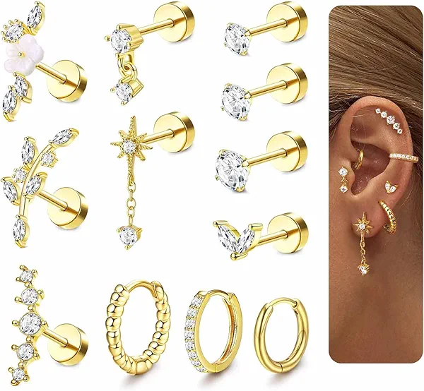 LOLIAS 16 Gauge Cartilage Earrings for Women Flat Back-Hypoallergenic Surgical Stainless Steel Stud Hoop Cartilage Earring Set Daith Conch Tragus Helix Piercing Jewelry Single PC
