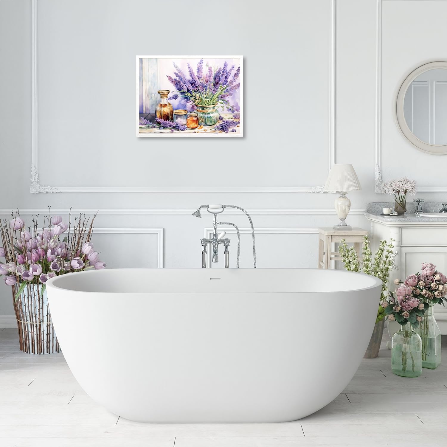 Quadro Tela Per Bagno - Finestra Sulla Spiaggia Con Lavanda Viola E Oceano - Stampa Costiera Incorniciata, Bianco