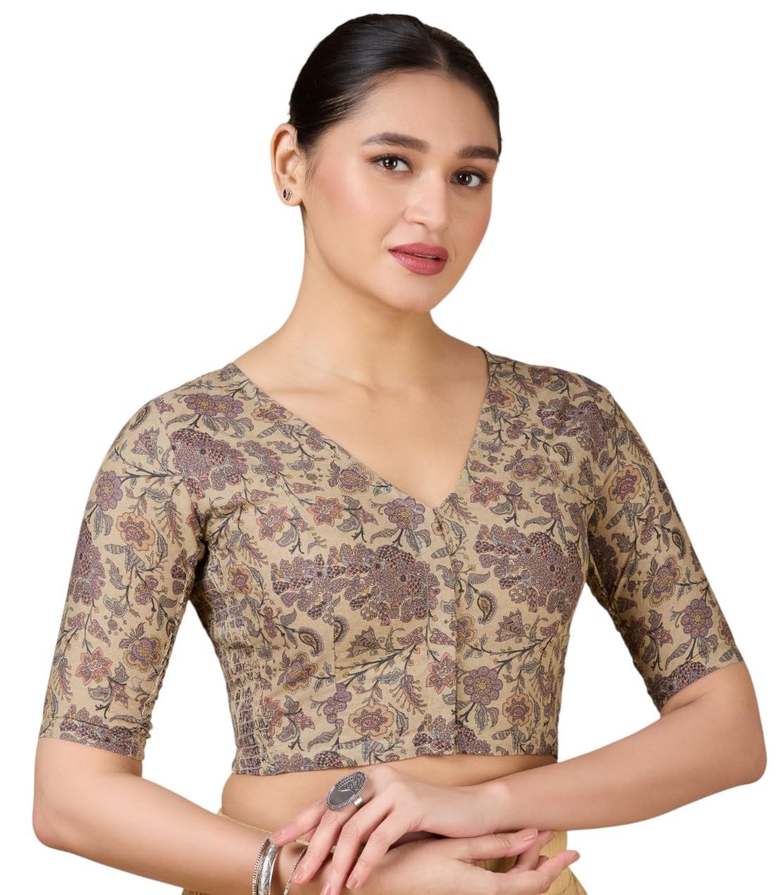 studio shringaar Women's Cotton Poplin Printed Side Stretch (Smocked) Readymade Saree Blouse-picture-56
