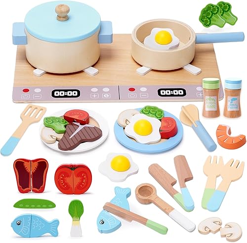 Juego de accesorios de cocina, juego de cocina de madera, juego de cocina de juego de simulación para niños, incluyendo estufa, ollas y sartenes,