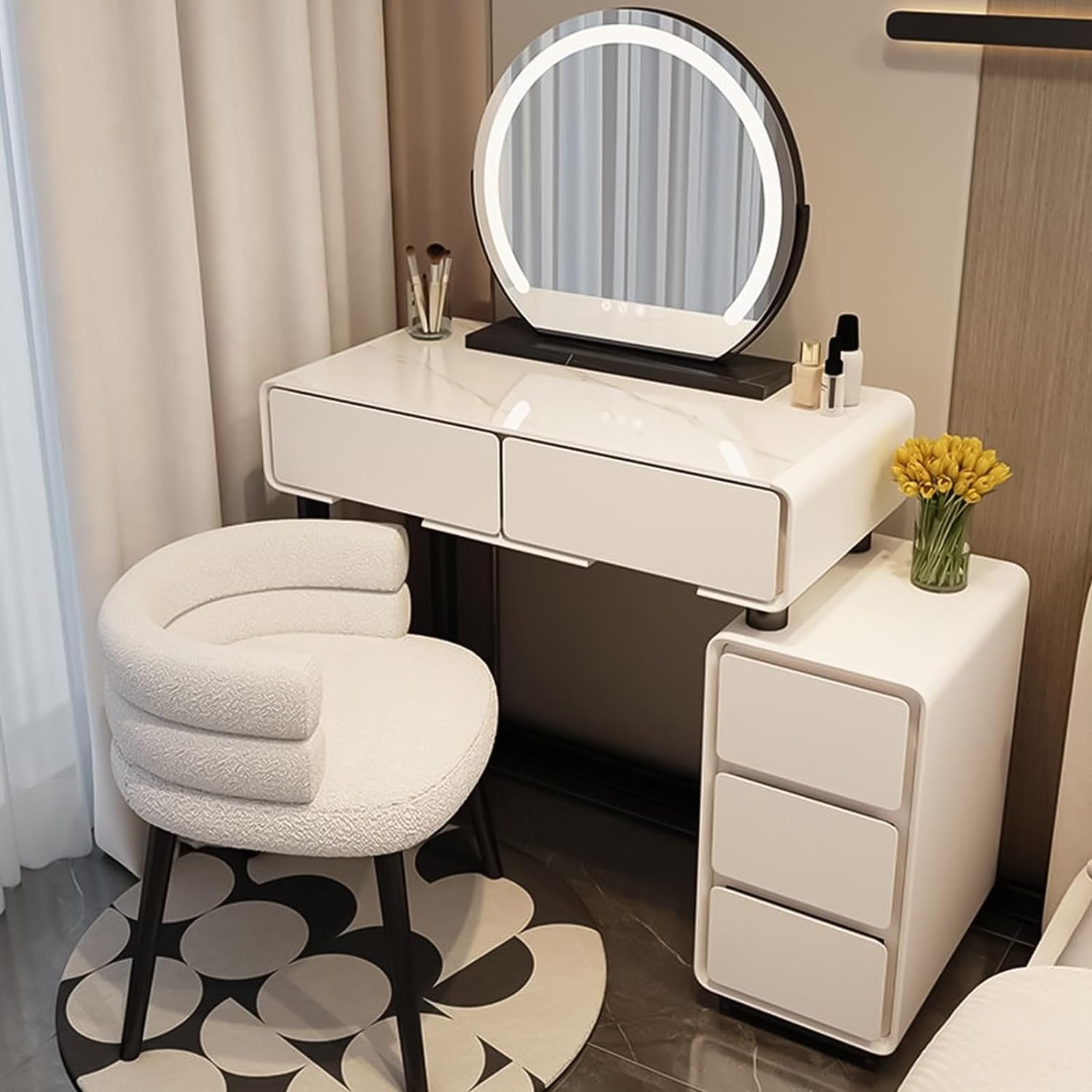 CGCSYZ White Makeup Vanity Table with Mirror Dresser Touch Light Cushioned Stool and Drawers Adjustable 3 Color LED Light Bedroom Dressing Table Set(White-80cm/31.5in)