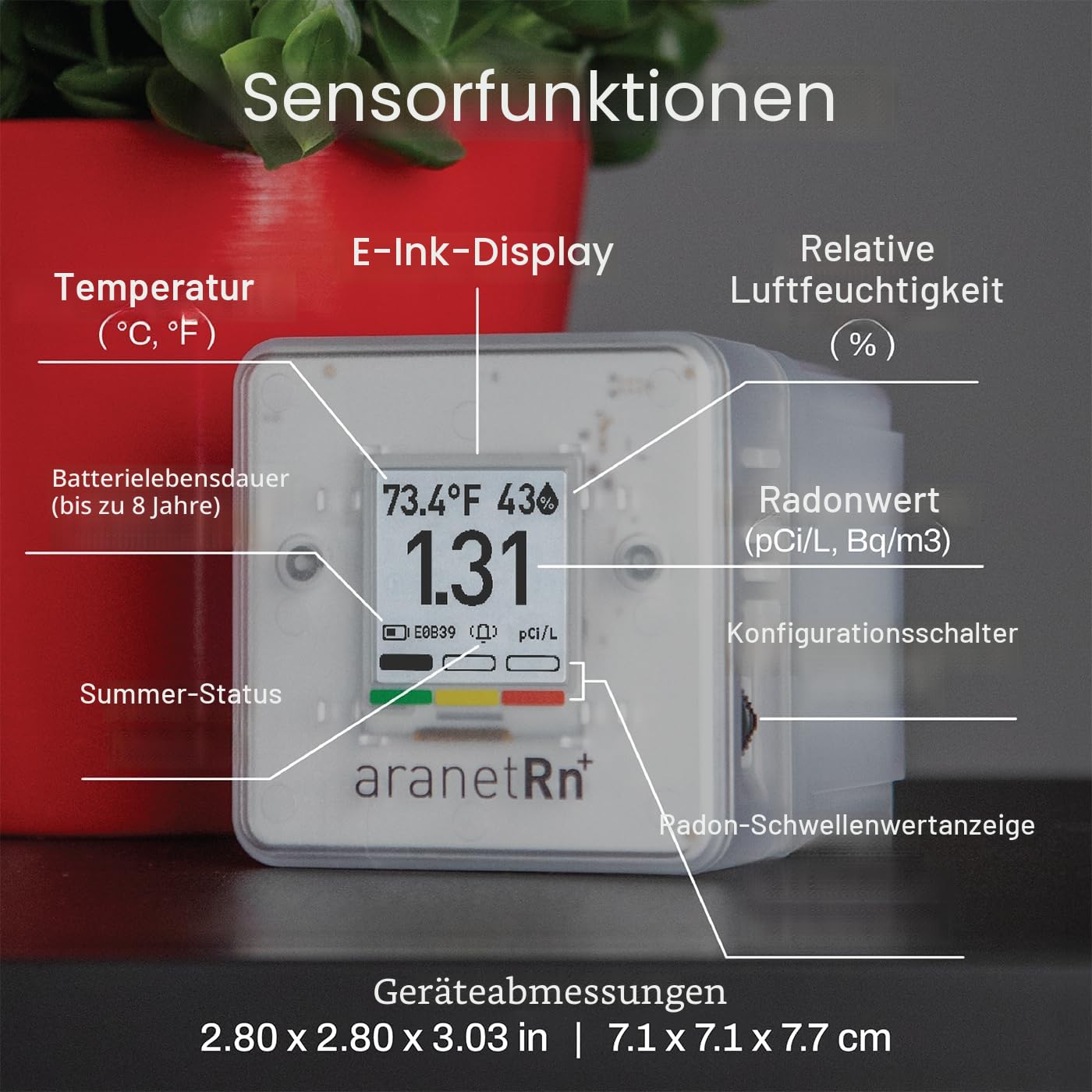 SAF Aranet Radon-Detektor, 10 Minuten Messung, Temperatur, Luftfeuchtigkeit, Druck, E-Ink-Display, 7-Jahres-Batterie, tragbar