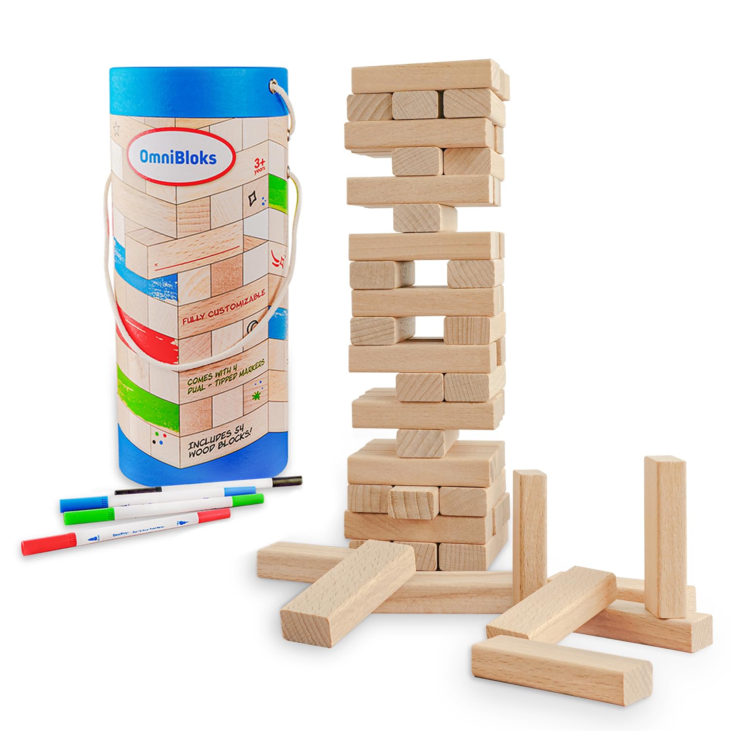 Photo 1 of Tumbling Tower Game with 54 Blank Tumbling Blocks, 4 Coloring Markers - Tabletop Wood Block Game Tower Kids Stacking Game - Indoor Party Games - Family Game Night, Kids Games 3+
