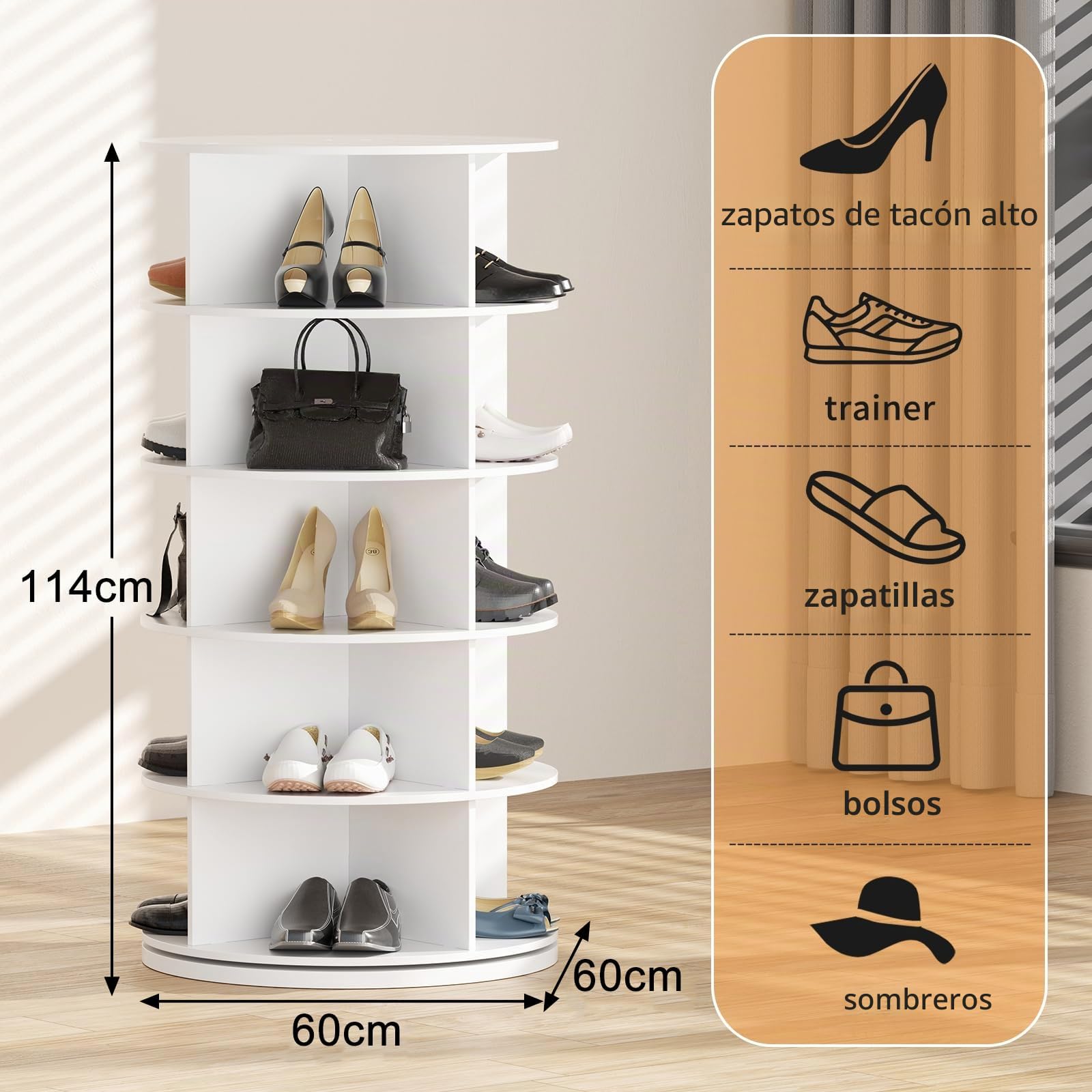 Zapatero Giratorio a 360 Grados, Organisateur de Zapatos Redondo con 6 Niveles, Torre de Zapatos Vertical Salvaspazio Blanco para 24 Pares de Zapatos y Bolsos, Armario Zapatero para Entrada
