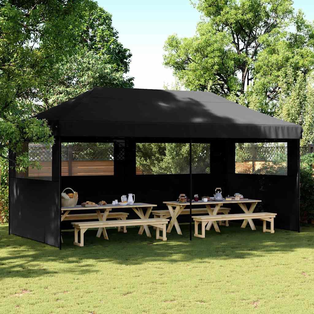 Namiot imprezowy składany Pop-Up z 3 częściami bocznymi, czarny, 580 x 292 x 315 cm, malowany proszkowo stalowy stelaż, ochrona przed deszczem i słońcem, do ogrodu, na taras, kemping, wesele