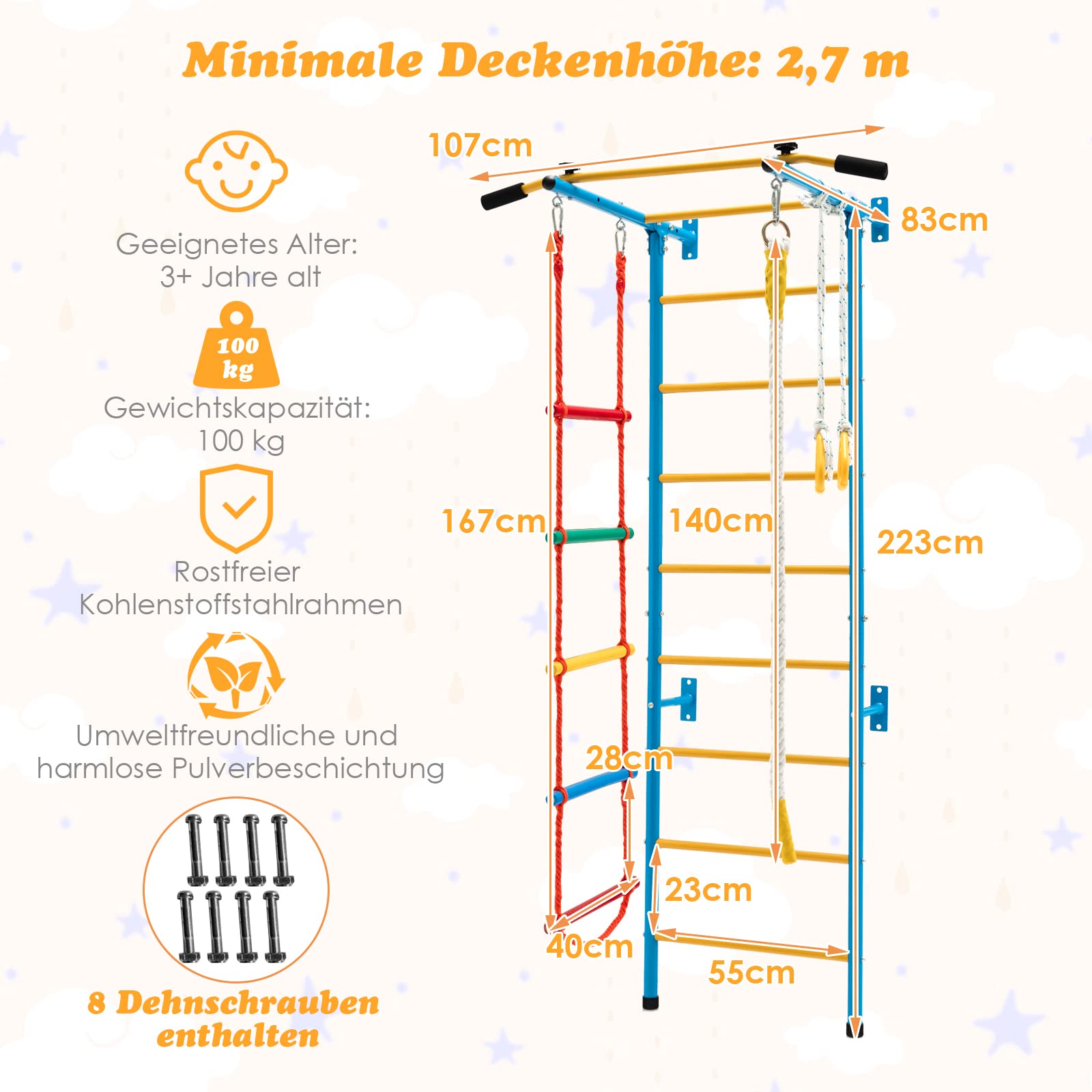 COSTWAY Ścianka wspinaczkowa dla dzieci, metalowa ścianka gimnastyczna, sprzęt gimnastyczny, rusztowanie wspinaczkowe, 107 x 83 x 223 cm, sprzęt sportowy dla dzieci i dorosłych do 100 kg (żółty i