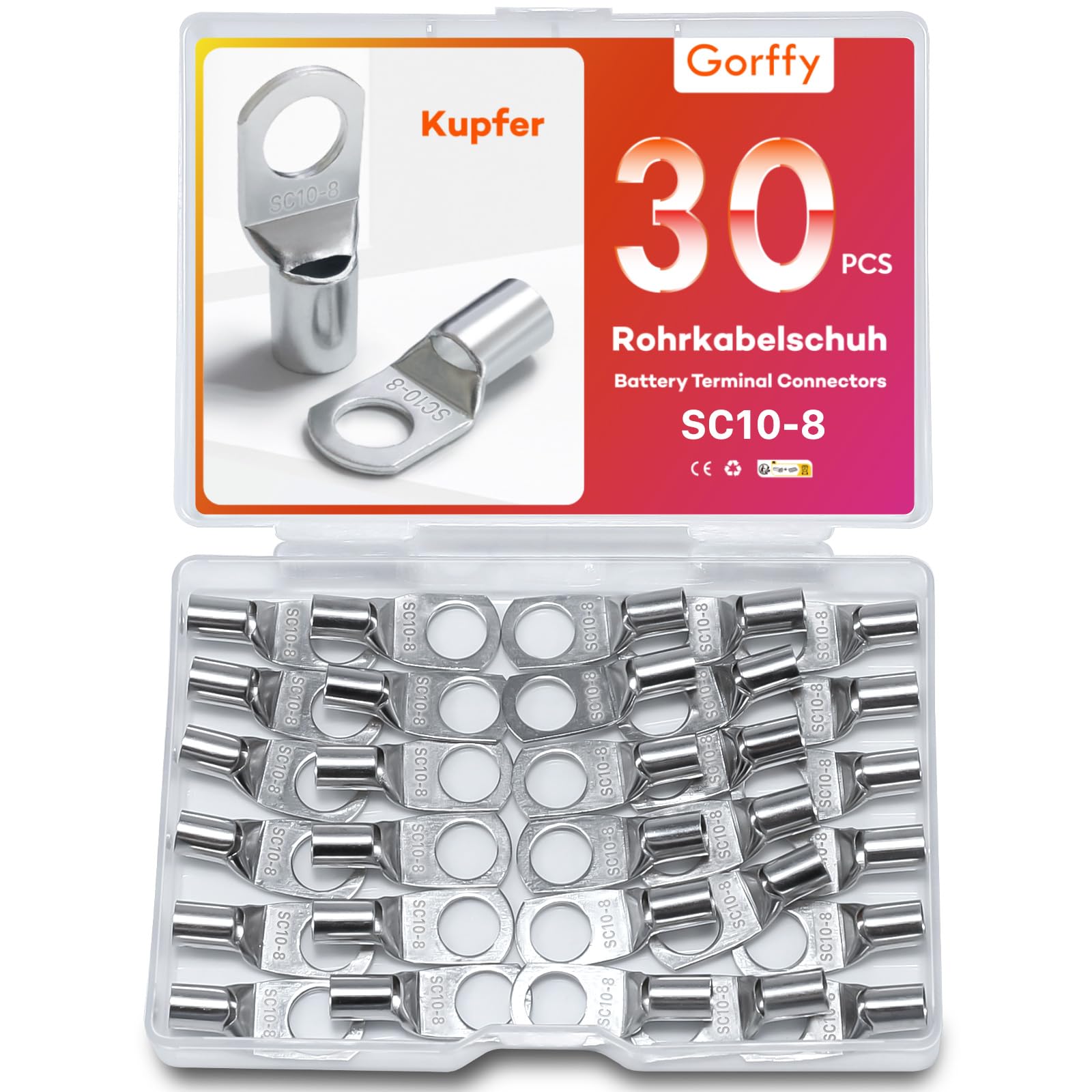 Gorffy Single Rohrkabelschuhe Set, Kabelschuhe Set, Verzinntes Kupfer Ringkabelschuhe Set, SC Rohrkabelschuh Set, Kabelschuhe, Rohrkabelschuhe für Kfz Batteriekabel