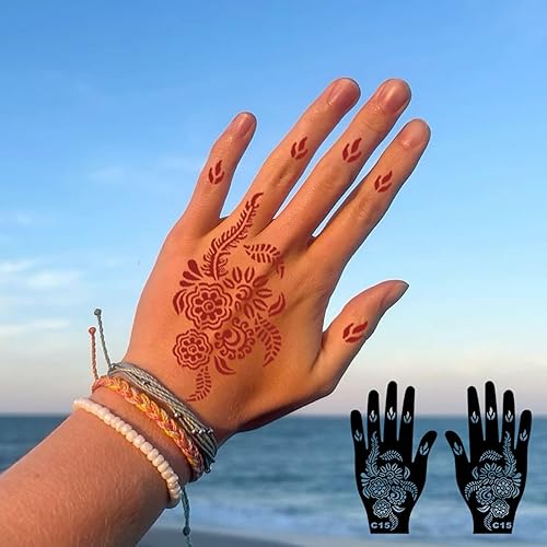 Miniatura 7 de Juego de plantillas de tatuaje de henna de 24 hojas para mano, plantilla de tatuaje temporal árabe indio Mehndi