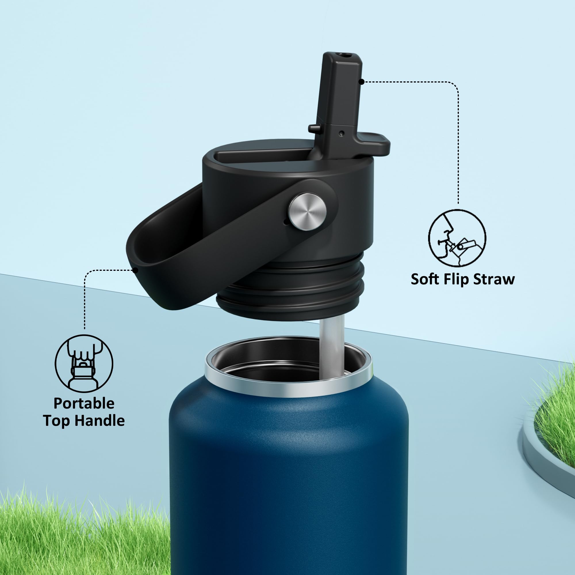 Botella de agua de 710 ml con aislamiento para oficina: sin BPA, tapa a prueba de fugas con popote, ligera, tapa flexible, termo de acero inoxidable para senderismo, hombres, viajes, trabajadores