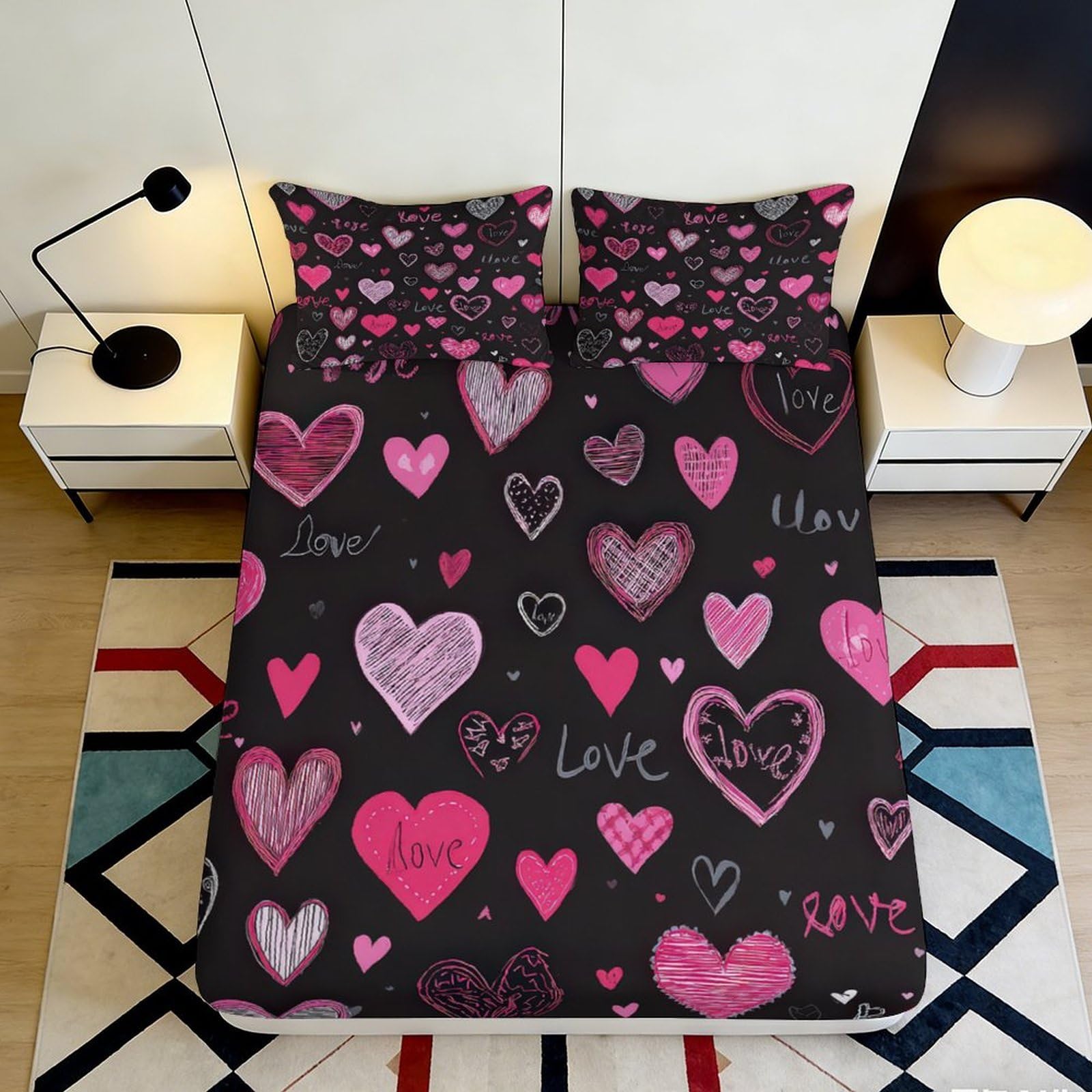 3D Printed Pink Heart Fitted Sheet Microfiber Soft Romantic Love Bed Cover for Bedroom Guest Dorm Decoration 90x200x25cm