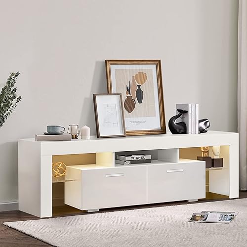 Miniatura 57 de Soporte de TV LED para televisores de hasta 70 pulgadas, centro de entretenimiento de alto brillo de mediados de siglo con armarios de Negro