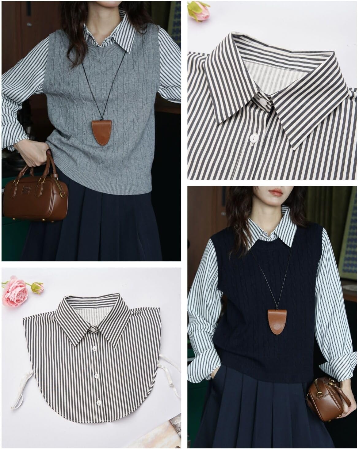 AruiLeo Women's 5pcs Striped Detachable Dickey Collar Half Shirts Blouse False Collar Top for Women Outfits - Image 4