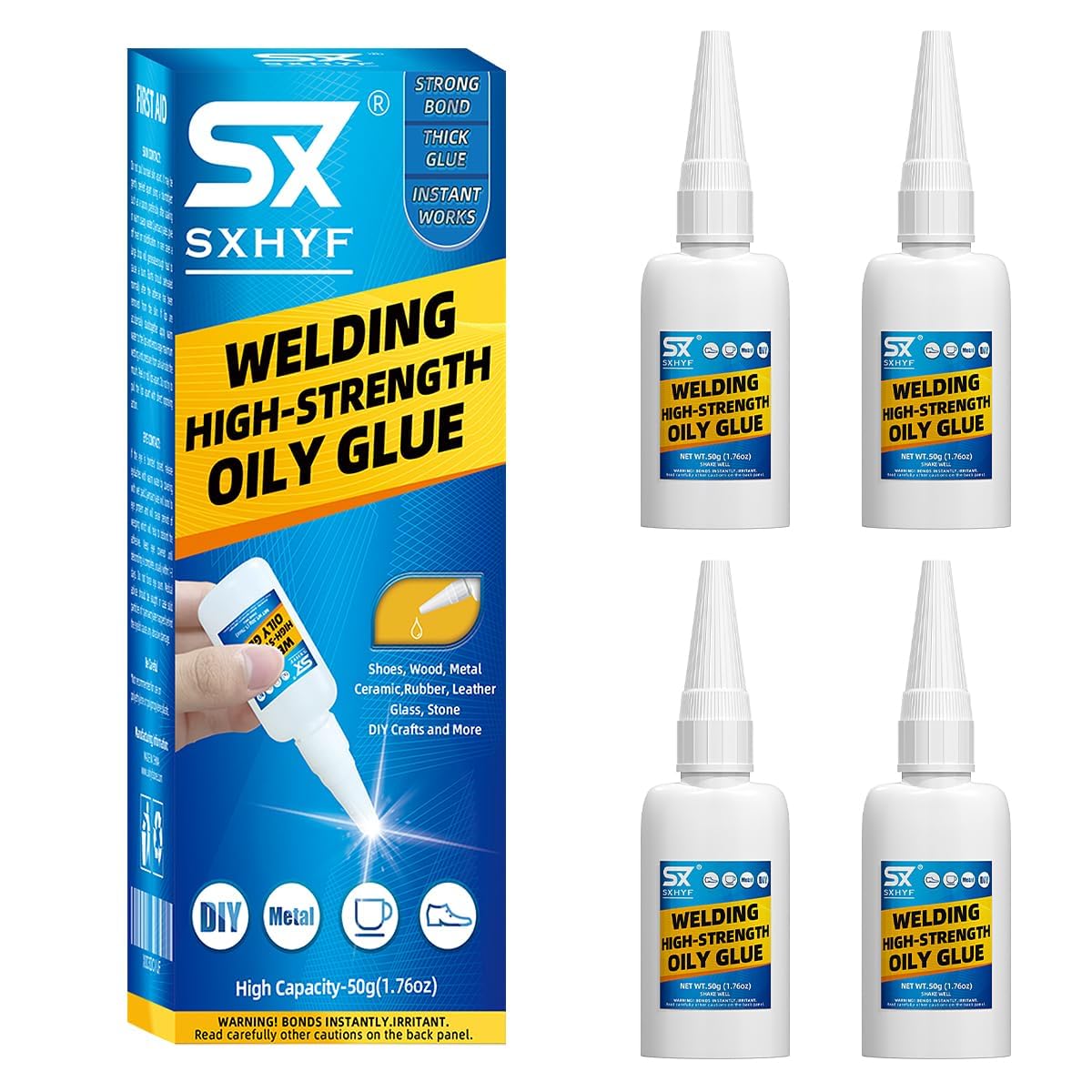 SXhyf Welding High-Strength Oily Glue - 4 Packs Ceramic Glue, Super Glue for Porcelain and Pottery Repair, Glass, Metal, Plastic, Wood, Leather, Crafts, Tile, Rubber and More, 3.52 oz (200 Gram)