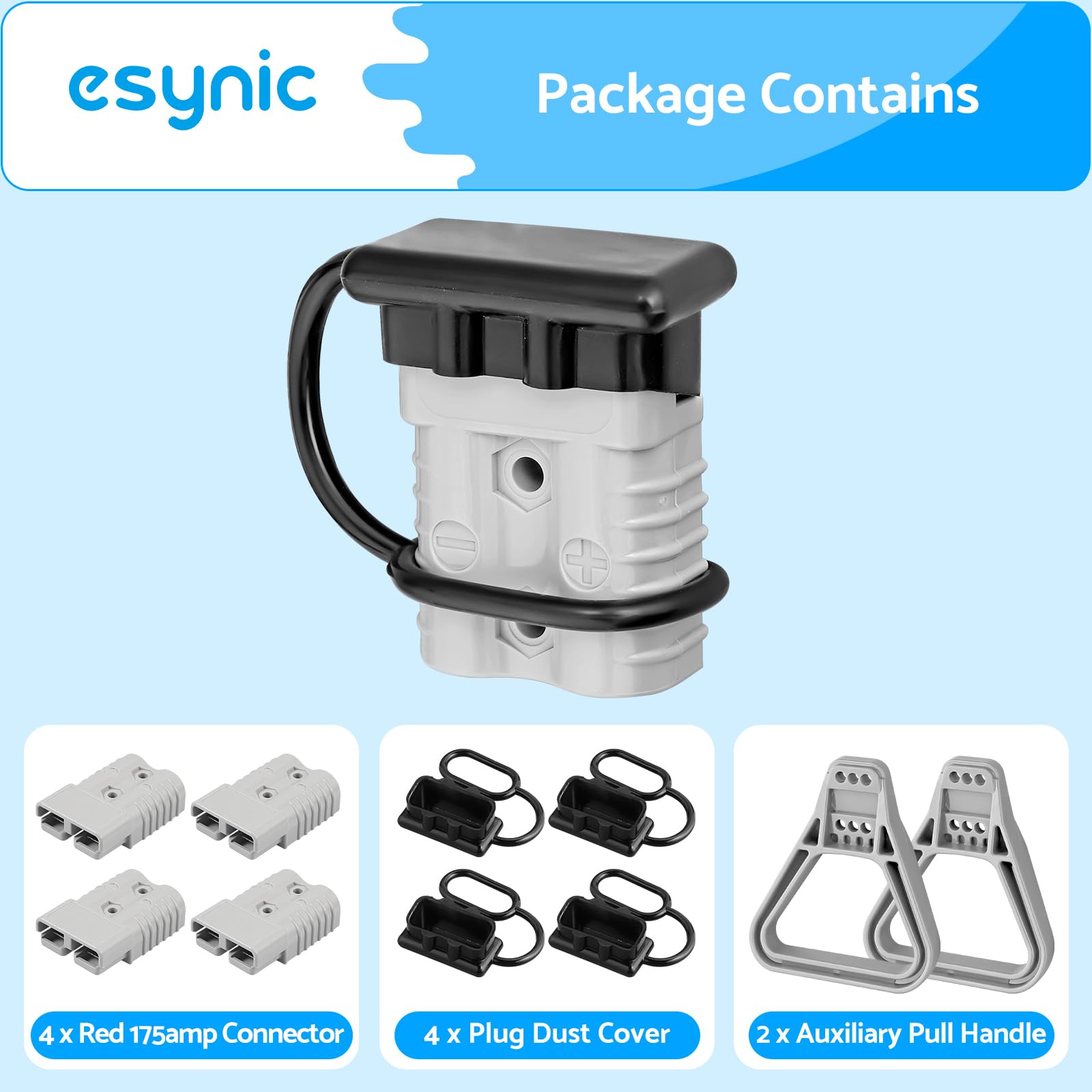 eSynic 4PCS Conector Anderson 175A 600V 1/0AWG con 4 Fundas Antipolvo + Anillos Auxiliares - Terminales Cobre Plateado, PC Ignífugo - Para Baterías de Coche, Barco, Remolque, Grúa (Gris)