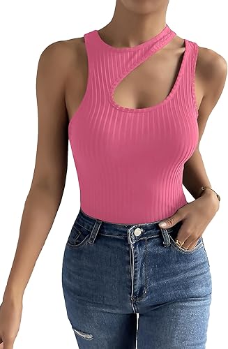 GORGLITTER Camiseta sin mangas para mujer, cuello asimétrico, punto acanalado, camiseta sin mangas