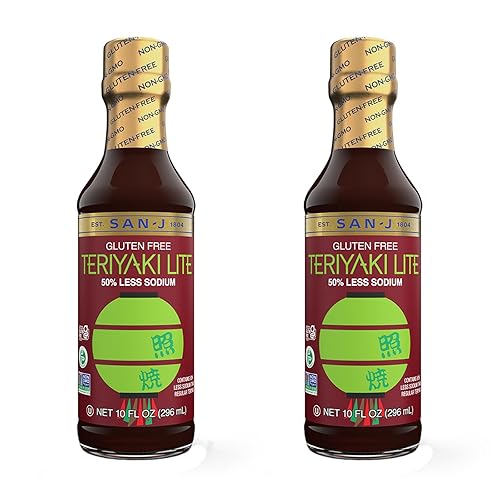 San-J - Salsa teriyaki Lite sin gluten con un 50% menos de sodio - Salsa bien equilibrada para cocinar - Sin OMG - Botellas de 10 onzas - Paquete de