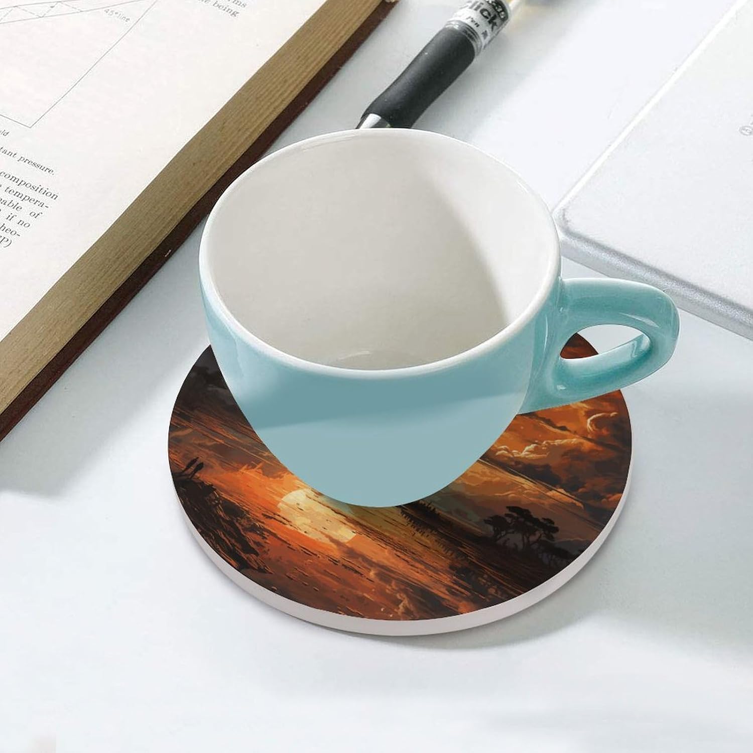 Orange Sky Coasters Round Coasters Set Ceramic Stone Coaster with Cork Base Coffee Cup Beverage Cup Mat Cute Funny Table Drinks Coaster for Mugs and Cups Office Kitchen