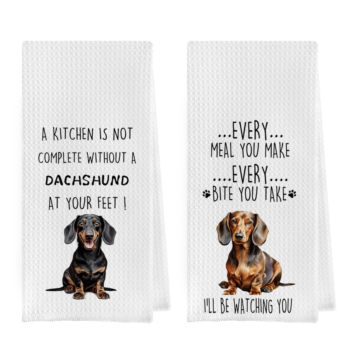 Funny Dachshund Dish Towels Set - Dachshund Gifts Waffle Weave Kitchen Towels, Wiener Dog Decorative Hand Tea Towels for Bathroom Kitchen, Wiener Dog Gifts for Women (16×24 Inches Set of 2)