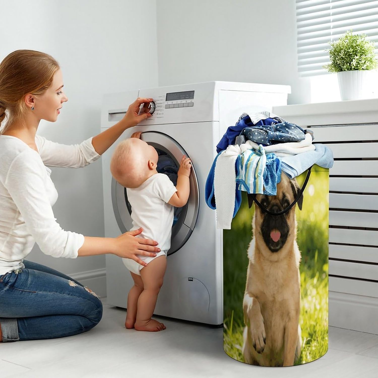 Cute Cartoon Dog Laundry Hamper 86L Waterproof Collapsible Clothes Basket with Double Handles Freestanding Foldable Laundry Basket Large Clothes Hamper for Bathroom