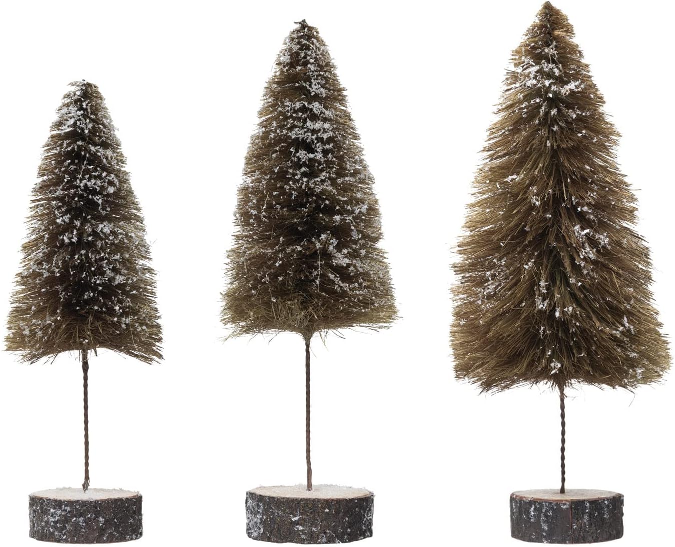 Creative Co-Op Sisal Bottle Brush Tree with Wood Slice Base and Snow Finish, Mustard