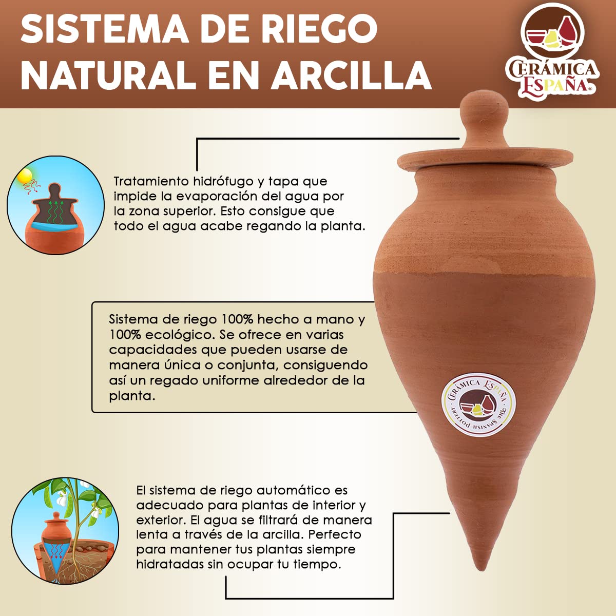 CERÁMICA ESPAÑA | Dispensador de Agua | Sistema de riego | Riego automático | Riego por goteros | Pack x3 Modelo J03 | 2 litros | Eco | 100% Hecho a Mano | 16x16x32 cm