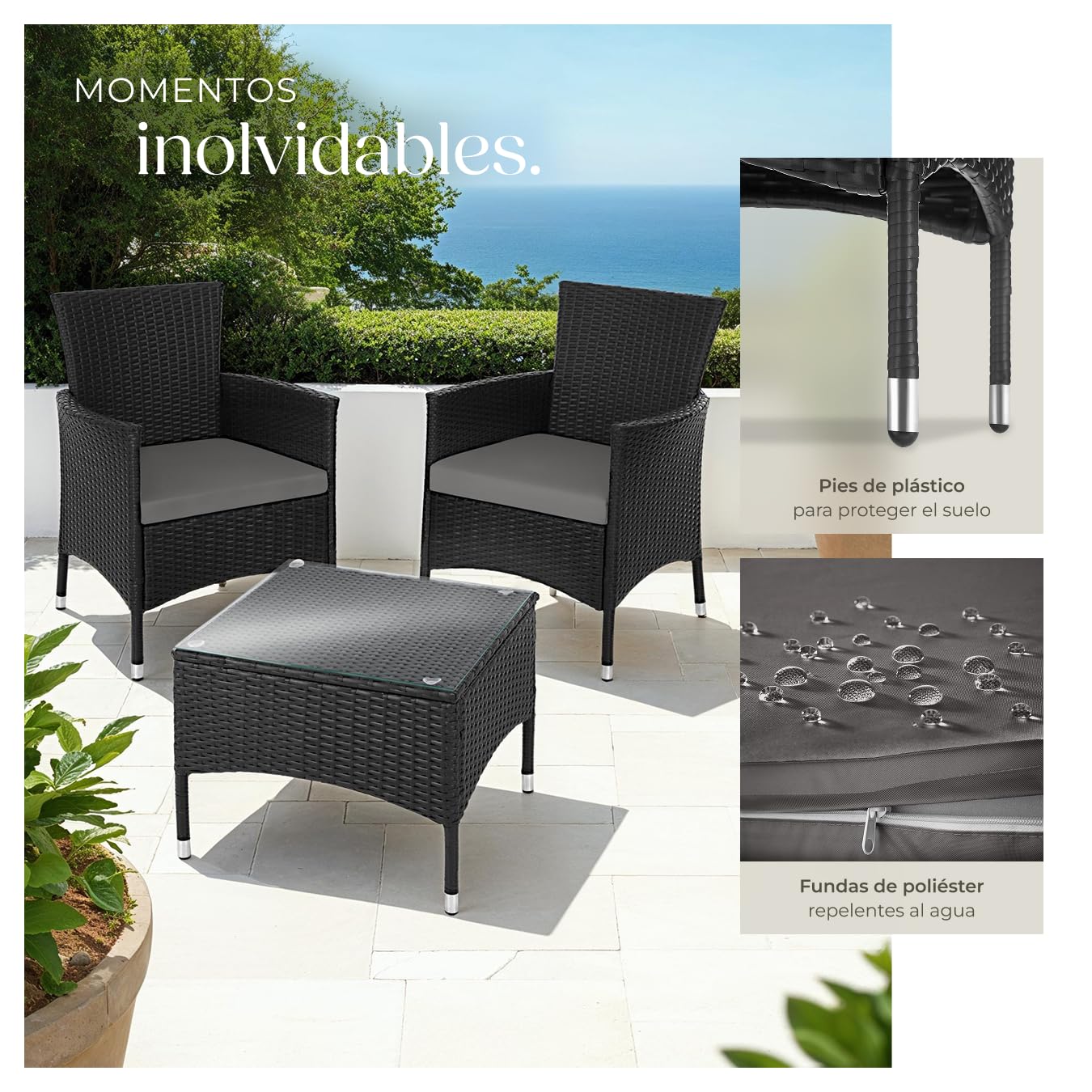 tectake® Conjunto Jardín Exterior de Ratán y Acero para 2 Personas, Muebles Jardín Exterior Resistentes a Intemperie, 2 Sillones y 1 Mesa Cristal, Fácil Montaje y Limpieza, Incl. 4 Fundas - Negro