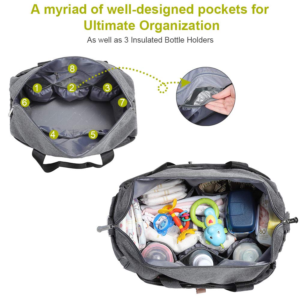 RUVALINO Grand sac à langer de voyage Weekender pour maman et papa, sac transformable, pour garçons et filles, avec matelas à langer, compartiments isothermes pour bouteilles et fixation à la