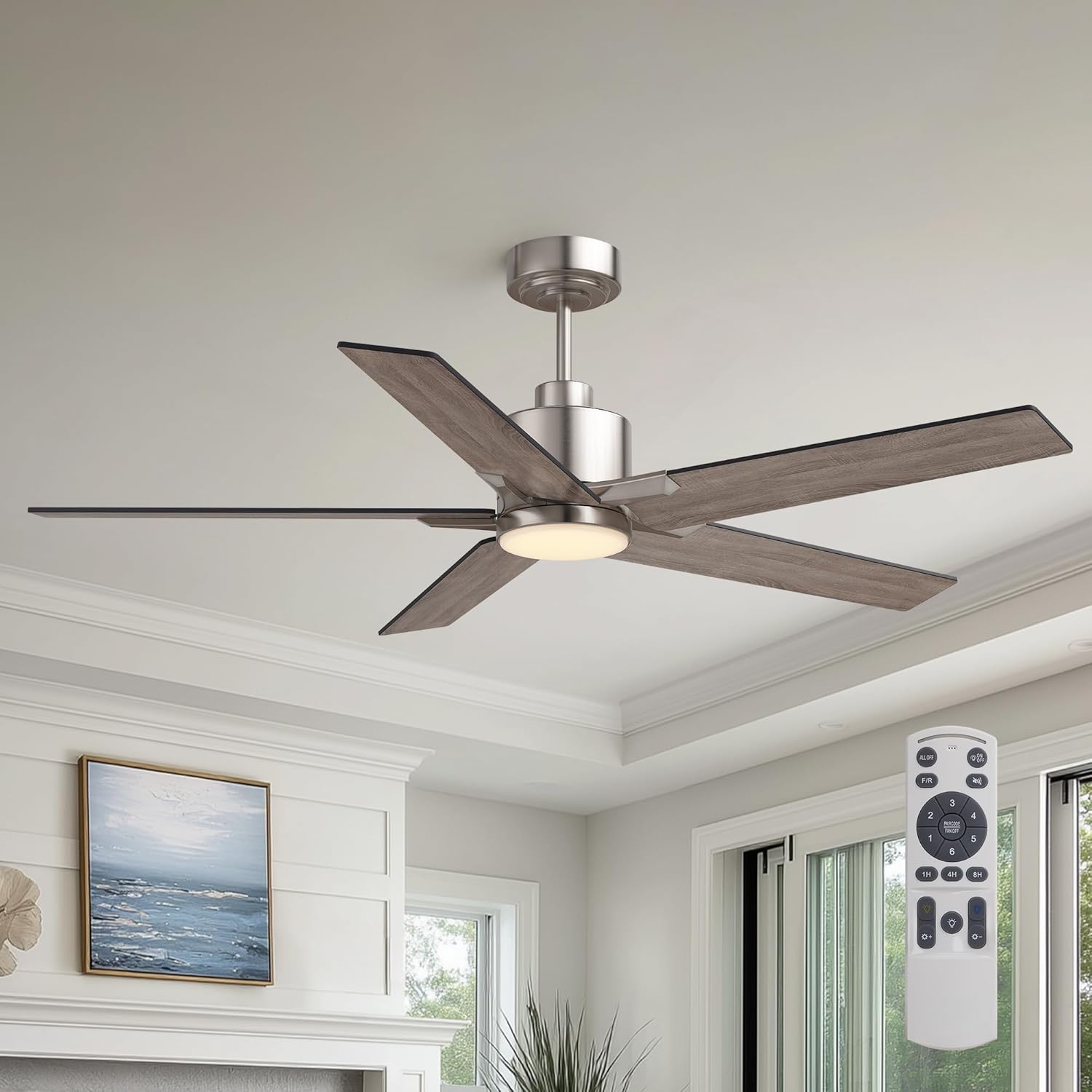 52 Inch Ceiling Fans with Lights and Remote Control for Bedroom, Modern Nickel Ceiling Fan with Quiet Reversible DC Motor, 3CCT, Dimmable, LED Lighting for Living Room, Patio, Indoor and Outdoor