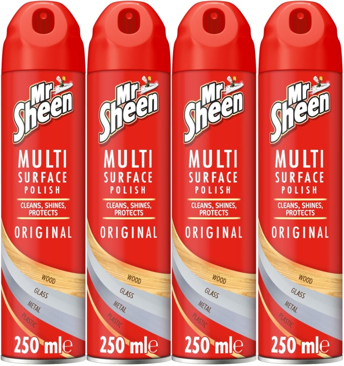 Mr Sheen Multi Surface Polish Spray, For Use on Wood, Plastic, Glass and Metal, Scent: Original, 250ml, Pack of 4