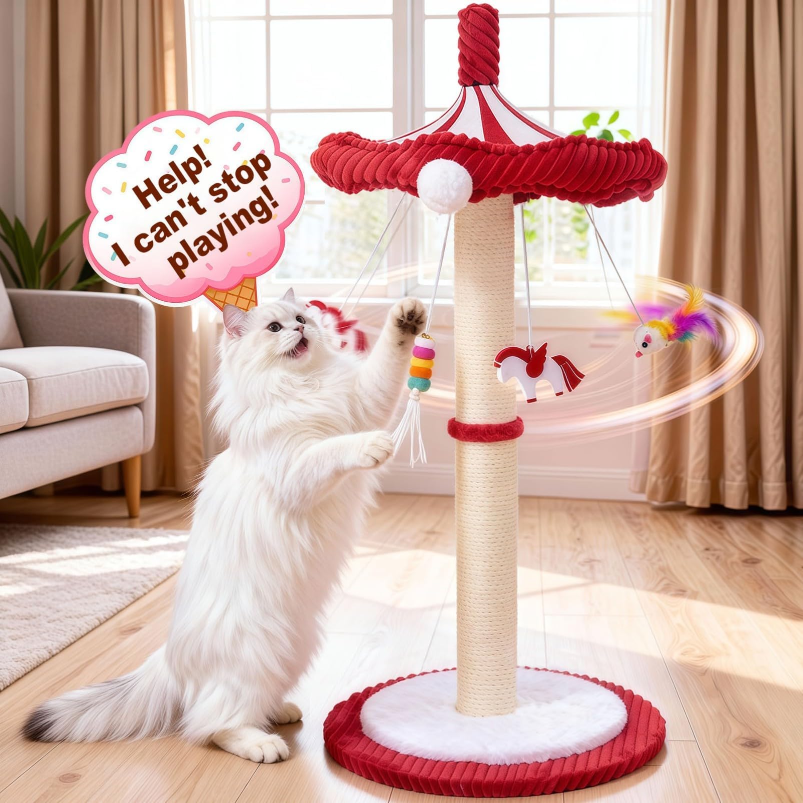 Carousel Interaktives Katzenspielzeug für Indoor-Katzen, 99,1 cm hohe Katzenkratzbäume für Indoor-Katzen Erwachsene mit drehbarem Oberteil, niedlicher Katzenkratzbaum mit hängendem