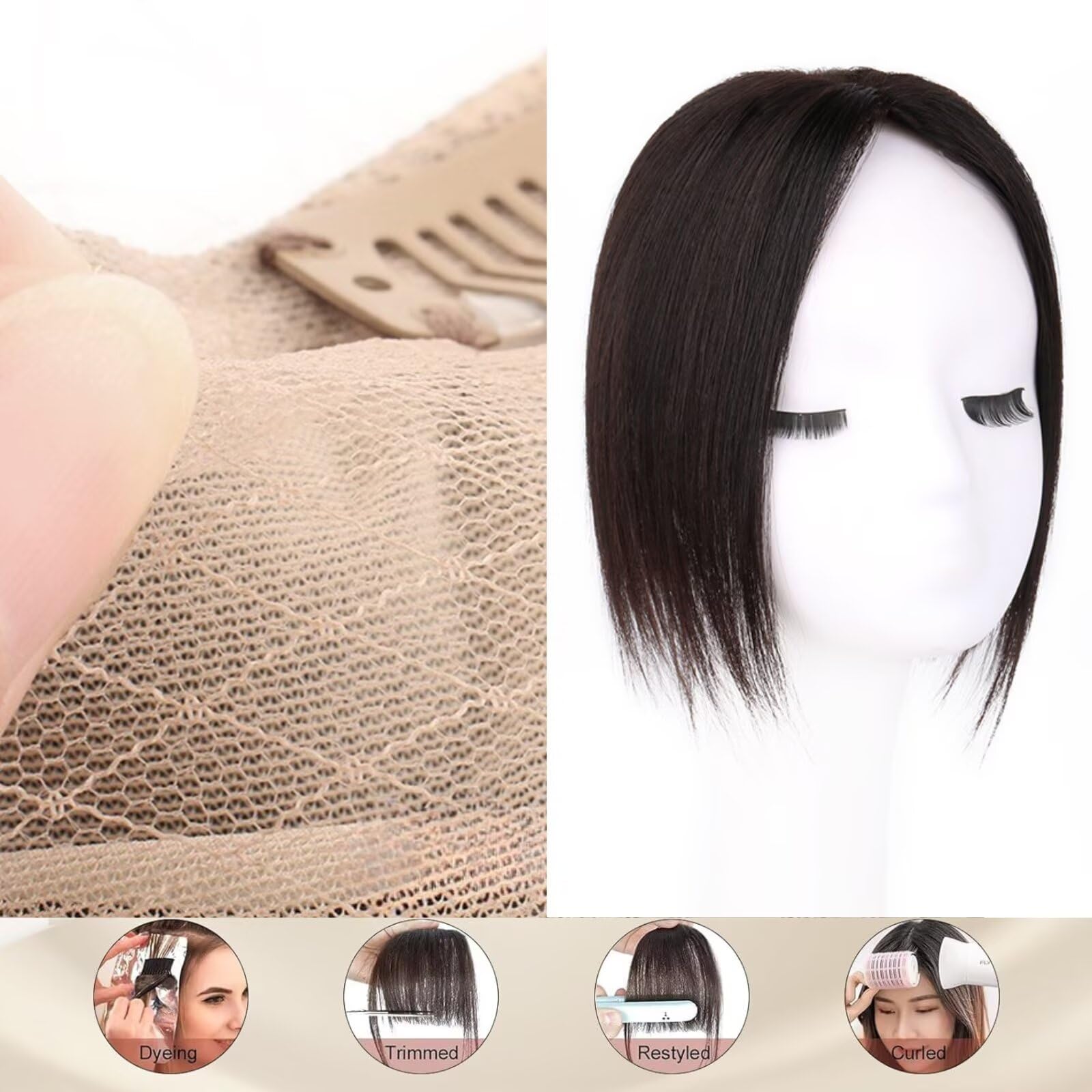 Hair Toppers for Women Real Human Hair 3.15x4.72 pulgadas con flequillo de 10 pulgadas Piel de cuero cabelludo Gran cubierta de la base del cabello o pérdida de cabello