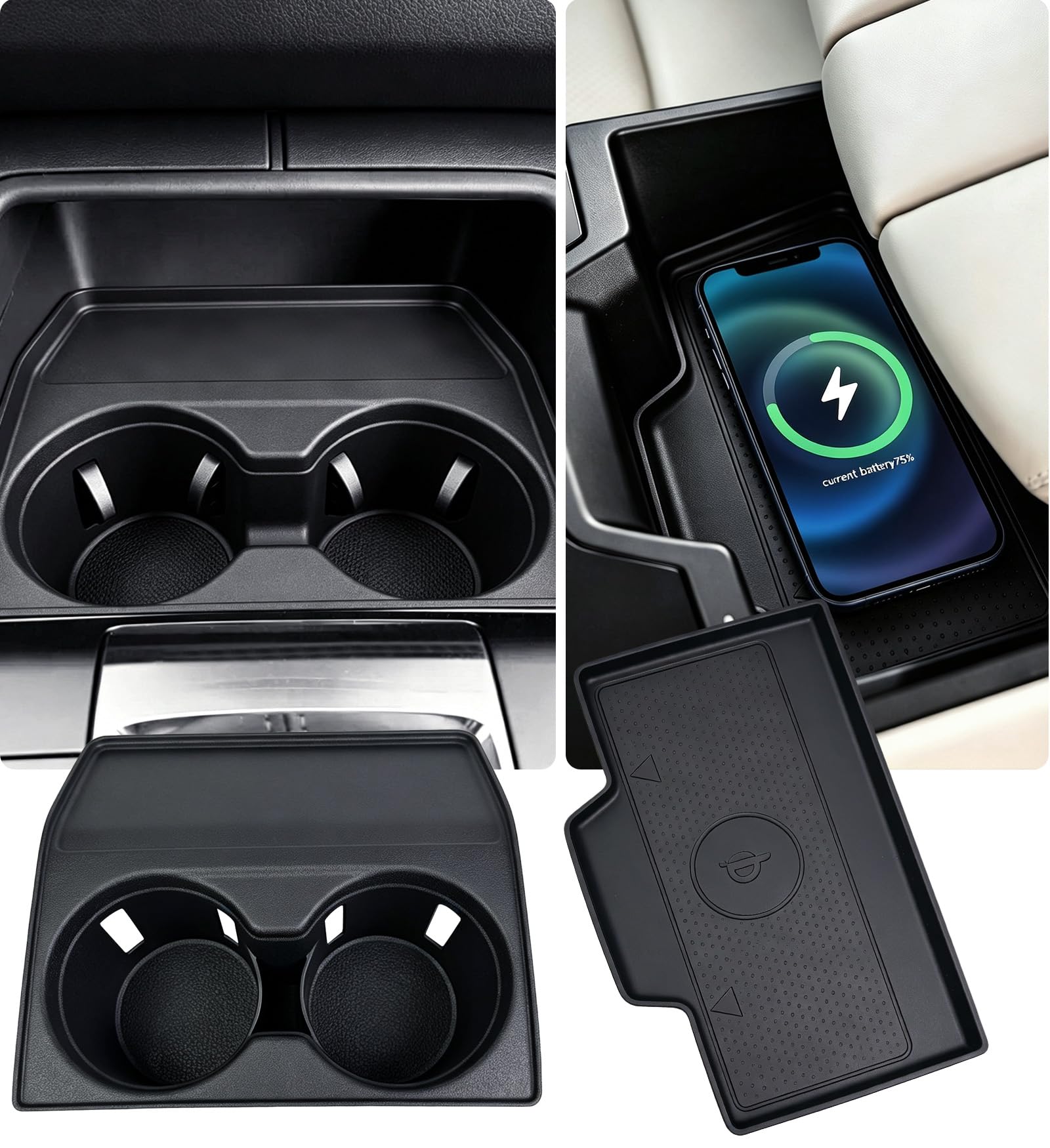 Cup Holder Insert &amp; Wireless Charging Protective Mat for Mazda CX5 2026, Center Console Interior Accessories Cup Holder &amp; Wireless Charger Cover Pad for 2026 CX-5, Black